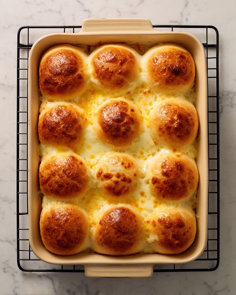 A rectangular beige casserole dish with a baked sandwich inside, showing a top layer of 12 golden brown, soft, round sandwich buns arranged in a 3 by 4 grid. Between the buns, melted light yellow cheese is oozing out slightly around the edges. The casserole dish sits on a black metal cooling rack, placed on a white marbled surface. The buns have a smooth, slightly shiny top with some darker browning spots. photo taken with an iphone --ar 4:5 --v 7