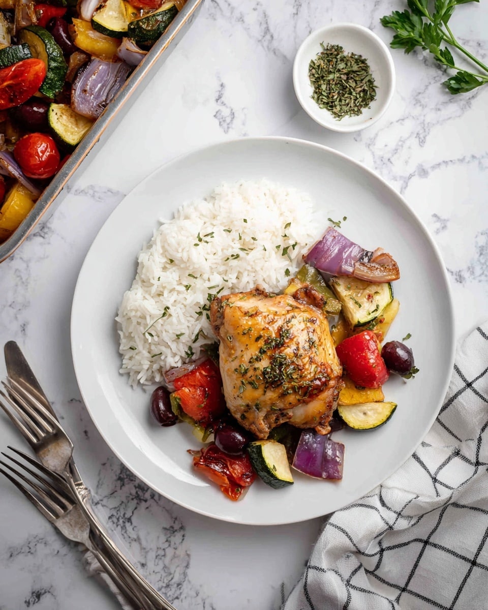 On a white plate, there is a dish with three main parts: a roasted chicken piece in the center with a shiny brown skin sprinkled with green herbs; to the left and slightly under the chicken, a colorful mix of roasted vegetables including red cherry tomatoes, purple onion slices, yellow bell pepper pieces, zucchini slices, black olives, and small white cheese chunks, all scattered and mixed; to the right side of the plate, a neat mound of white cooked rice. The plate is placed on a white marbled surface with some parsley leaves scattered around and a small white bowl of chopped herbs nearby. A fork and knife are placed on a grey and white checkered cloth on the left side. In the top left corner, part of a metal baking dish holds extra roasted chicken and vegetables. Photo taken with an iphone --ar 4:5 --v 7