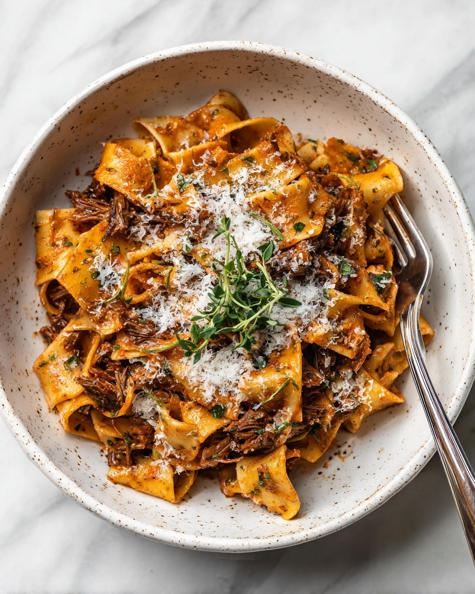 A white speckled bowl holds wide, flat pasta ribbons with a shiny, slightly oily texture in a warm orange-red sauce. Mixed within are tender chunks of dark shredded meat. The pasta is topped with finely grated white cheese sprinkled over the center and a small green herb sprig placed on top. A silver fork is resting on the right side of the bowl, slightly pressing into the pasta. The background is a white marbled surface. Photo taken with an iphone --ar 4:5 --v 7