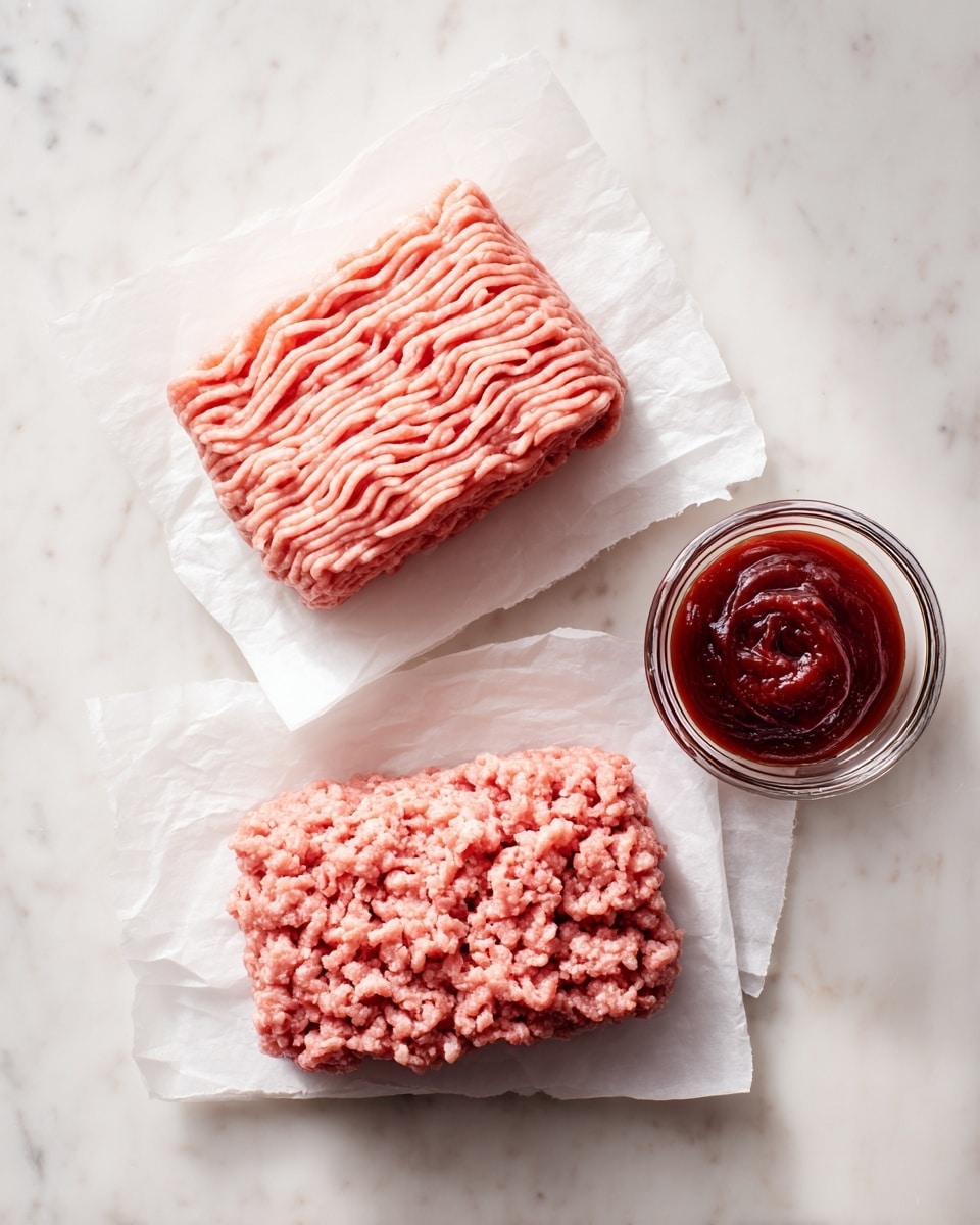 The image shows two small rectangular blocks of raw ground meat placed on separate pieces of white parchment paper, set on a white marbled surface. The block at the top is light pink ground pork with a soft, textured surface, while the block at the bottom is a slightly darker pink ground beef with a similar texture. To the right of the ground pork, there is a small clear glass container filled with a thick, dark red sauce labeled gochujang. The lighting is bright and natural, highlighting the textures and colors clearly. Photo taken with an iphone --ar 4:5 --v 7