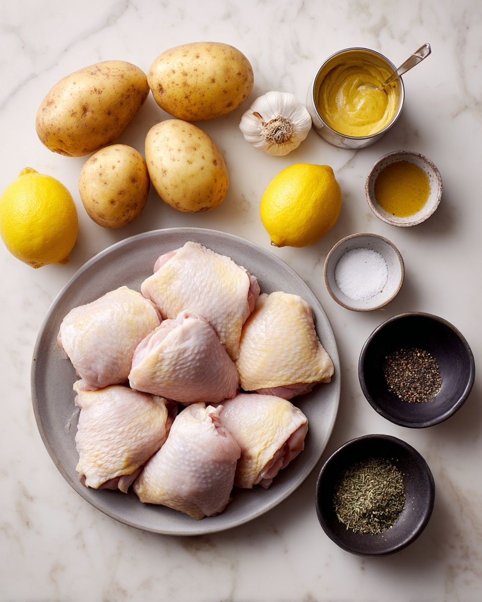 The image shows a gray plate at the bottom center filled with six raw chicken thighs with pale pink and light yellow skin. Above the plate, there are five yellow brown potatoes and four bright yellow lemons scattered around. To the right of the potatoes, a garlic bulb is placed in the middle. There are small bowls and containers placed mostly on the right side: a metallic cup with yellow mustard, a translucent container with dark brown liquid, a black bowl with a dark liquid, a black bowl with half black pepper and half white salt, and a black bowl with mixed dried herbs in green and brown shades. The background is a smooth, white marbled surface. Photo taken with an iphone --ar 4:5 --v 7