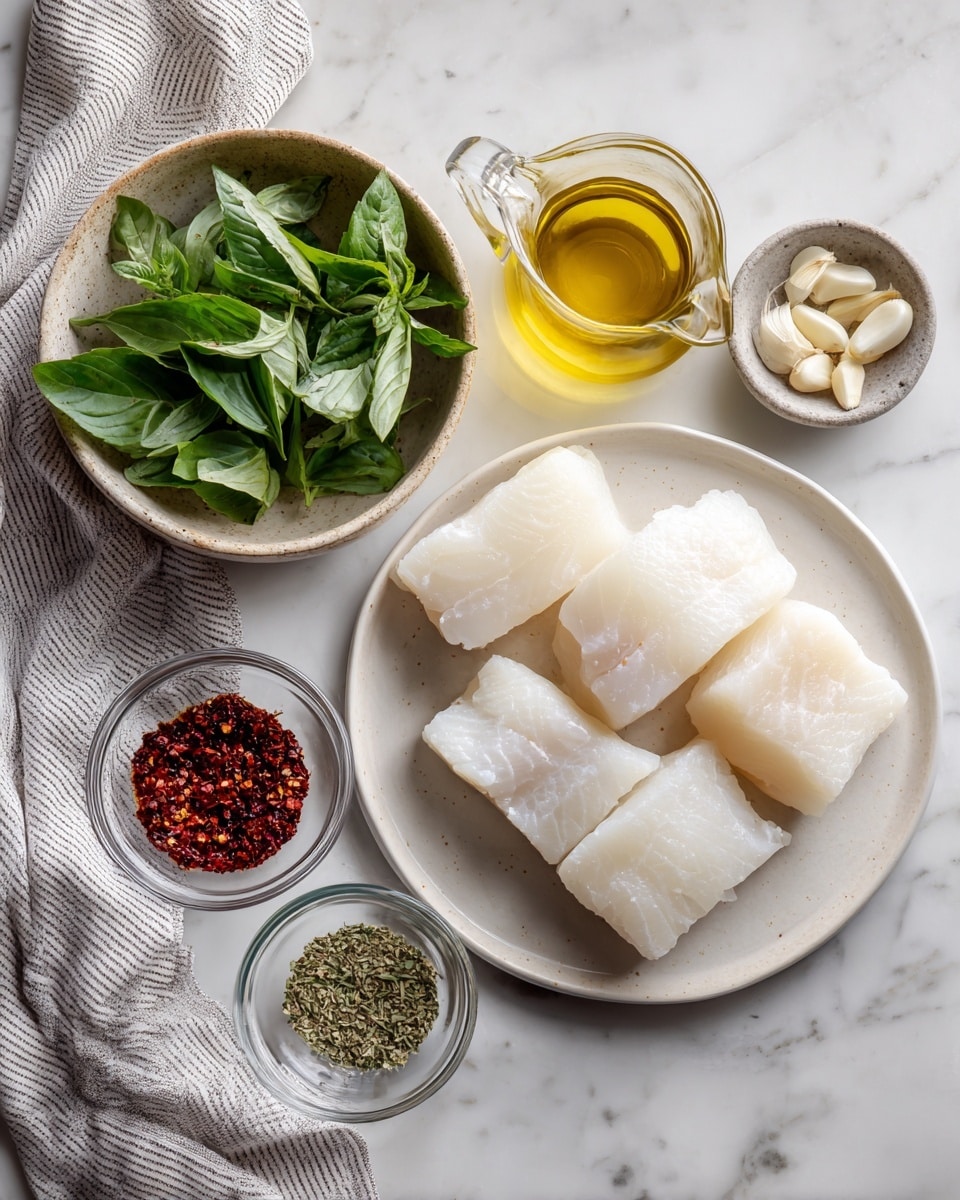 The image shows raw halibut cut into five thick, pale white pieces placed on a round white plate at the top right. Below the plate, there are small clear glass bowls with different ingredients: one with red chili flakes, another with peeled garlic cloves, a larger beige bowl full of fresh green basil leaves, a small pitcher of golden olive oil, a white bowl with dark red wine vinegar, and a small bowl containing dried oregano. All items are arranged neatly on a white marbled background, with a folded gray and white striped cloth on the left side. Photo taken with an iphone --ar 4:5 --v 7