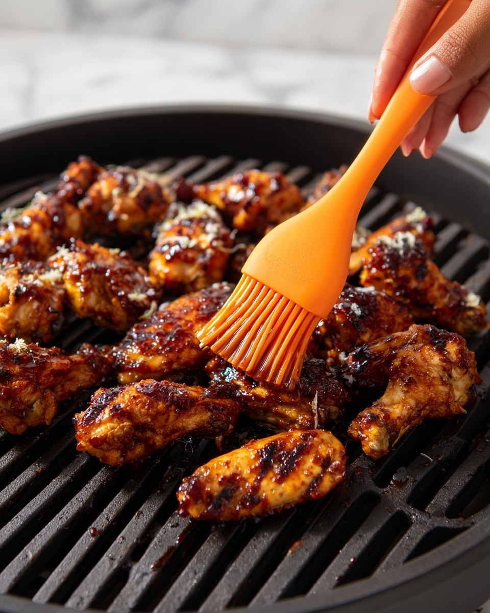 The image shows a round grill grate with many chicken wings being cooked. The wings are covered in a shiny, dark reddish-brown sauce being brushed on by a bright orange silicone brush held by a woman's hand. The chicken wings have charred grill marks and a slightly crispy texture, with the sauce making some parts look glossy and thick. The grill bars are black and the background has a white marbled texture. photo taken with an iphone --ar 4:5 --v 7