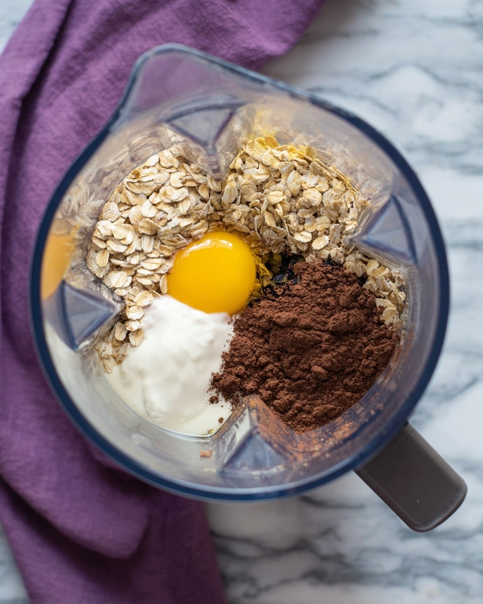 A clear blender jar seen from above holds five distinct layers of ingredients: light beige rolled oats filling almost half the space on the bottom left, a bright yellow raw egg yolk sitting to the left of center, a dollop of white creamy yogurt next to the egg yolk, a pile of dark brown cocoa powder on the right, and a small splash of dark liquid, possibly vanilla extract, near the top center. The blender is placed on a white marbled surface with a purple cloth folded and draped in the upper left corner. photo taken with an iphone --ar 4:5 --v 7