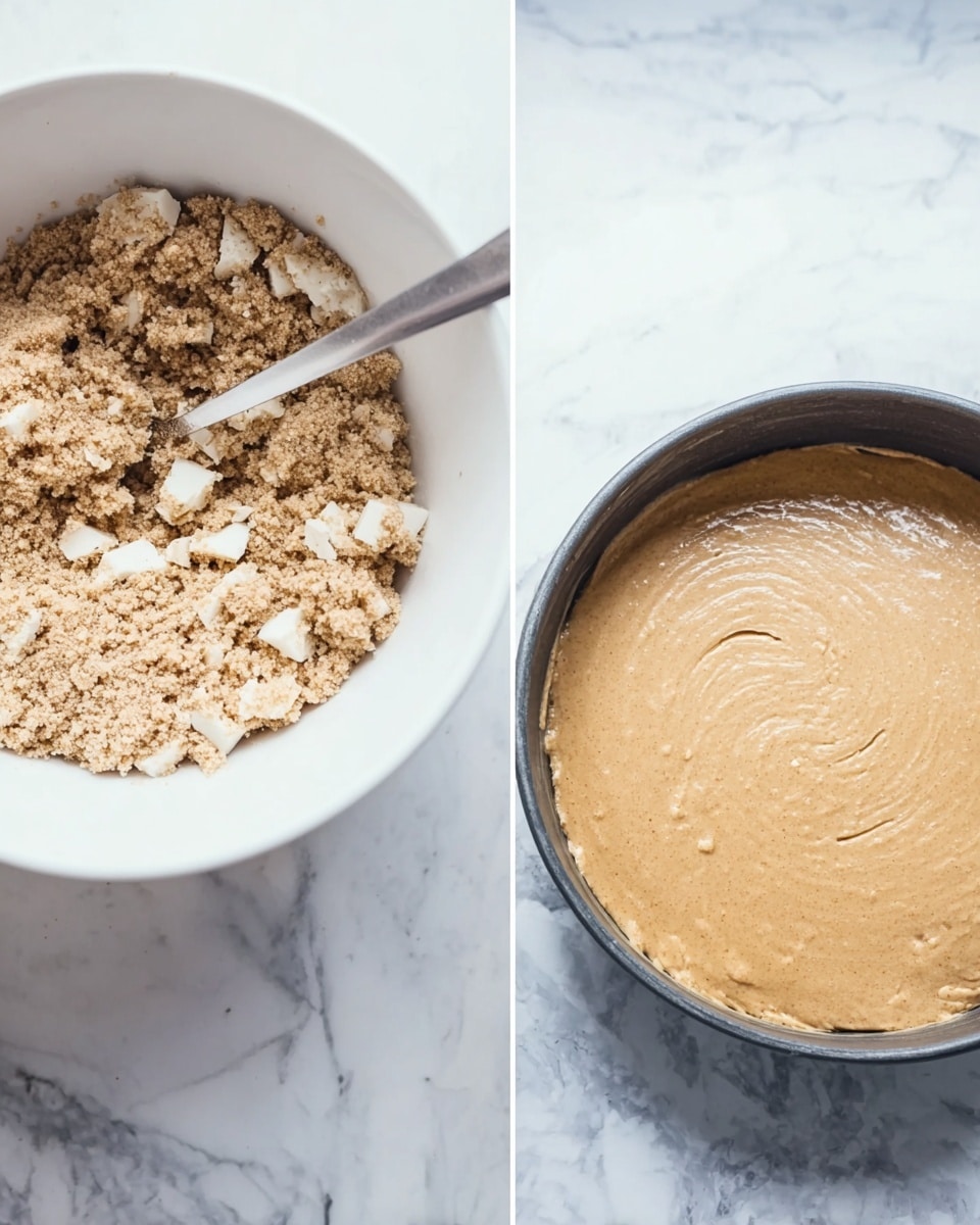 The image shows two side-by-side scenes on a white marbled surface. On the left, there is a white bowl filled halfway with a crumbly, light brown mixture that has chunks of white pieces mixed in and a silver spoon resting inside. On the right, there is a round, dark cake pan with smooth, light brown batter spread evenly inside. The white bowl with the crumbly mixture is slightly blurred in the background behind the cake pan. photo taken with an iphone --ar 4:5 --v 7