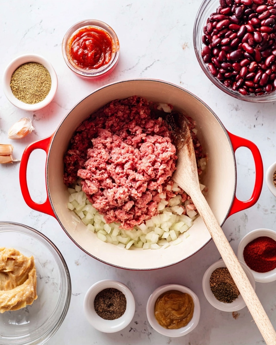 A white pot with red handles sits in the center on a white marbled surface, filled with two main layers: the bottom layer is chopped white onions and the top layer is raw pink ground meat slightly pressed down, with a wooden spoon resting inside the pot leaning against the side. Surrounding the pot are small white bowls and a glass bowl with various ingredients including dark red kidney beans, light brown beans, red tomato sauce, beige mustard, dark red paste, and small piles of dark and light spices. The scene is bright and clean, with all items arranged neatly around the pot. photo taken with an iphone --ar 4:5 --v 7