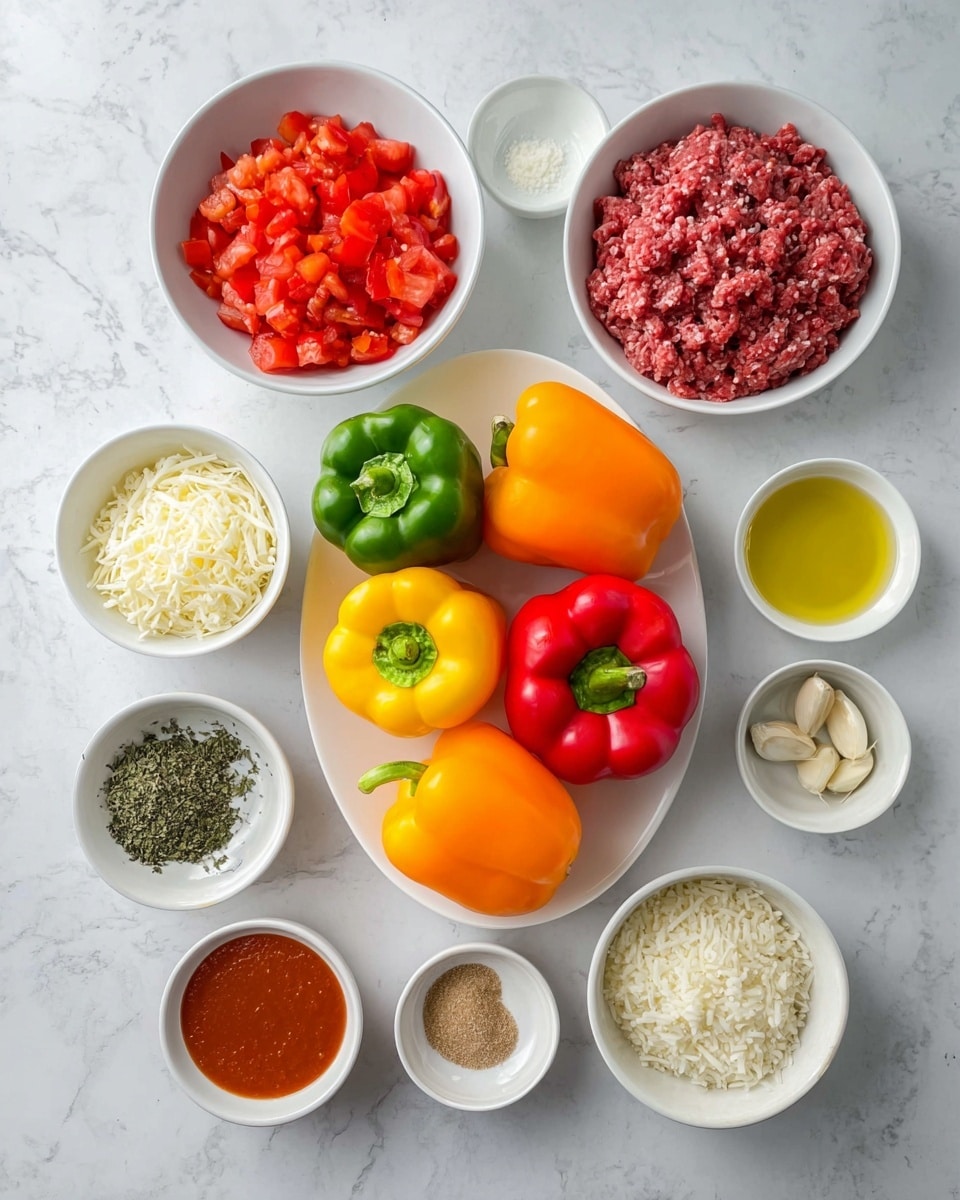 A set of fresh ingredients is arranged on a white marbled surface, featuring a white oval plate holding six colorful bell peppers in red, yellow, orange, and green, each with smooth shiny skins. Surrounding the plate are small white bowls: one with bright red diced tomatoes and juice, a bowl of green dried herbs, another with finely chopped white onions, and a bowl filled with shredded white cheese. Next to them are small bowls containing smooth red tomato sauce, light brown cooked rice, bright yellow olive oil, whole garlic cloves, and finely ground light brown garlic powder. There are also small dishes of white salt and ground black pepper, and a bowl with red raw ground meat. The composition is neat and visually balanced, photo taken with an iphone --ar 4:5 --v 7