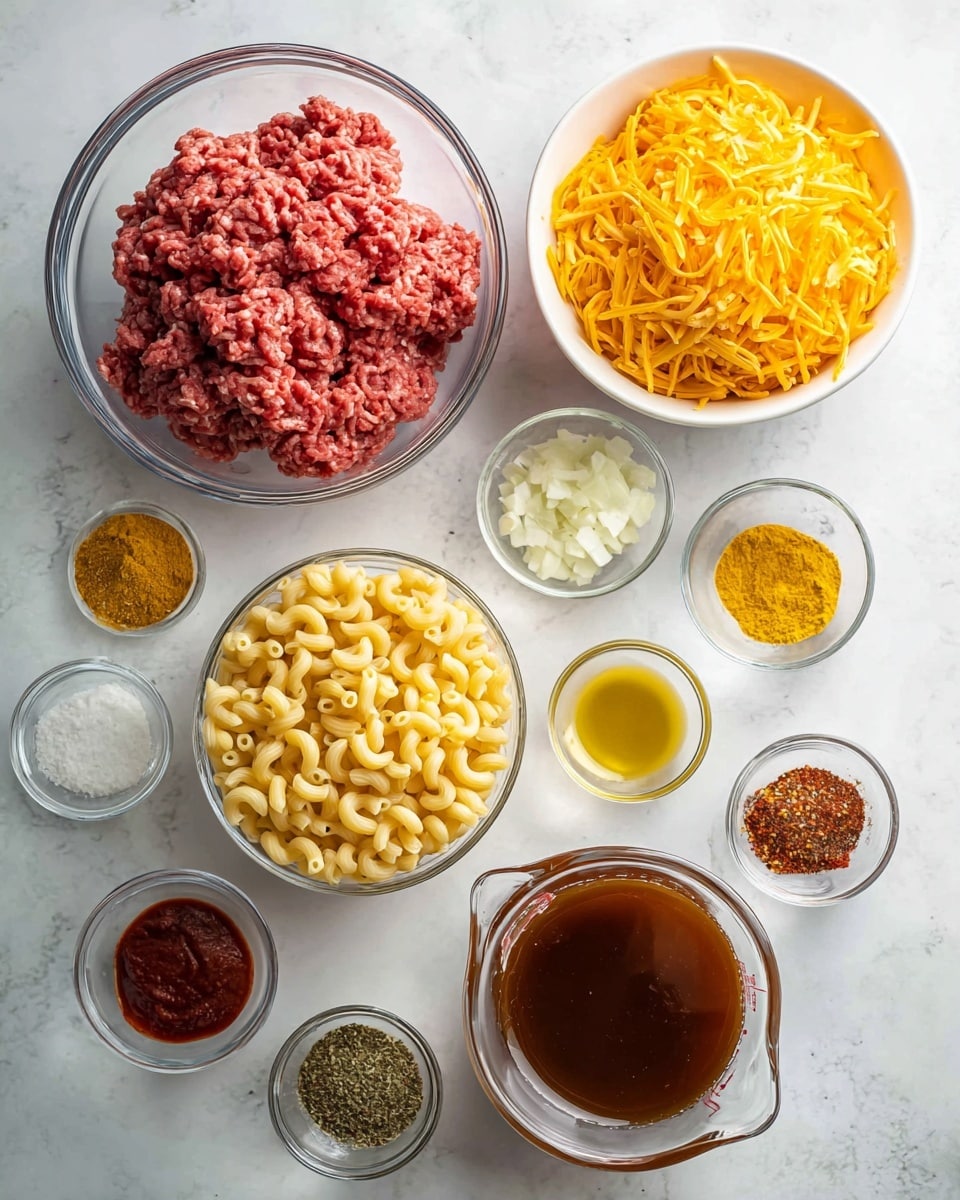 The image shows various ingredients neatly arranged on a white marbled surface. At the center, there is a clear glass bowl filled with raw ground meat, pink and textured with strands visible. To the right of it, there is a large white bowl filled with shredded bright orange cheese, fluffy and piled high. Below the meat, a clear glass bowl contains uncooked elbow macaroni, light yellow and curved. Next to the macaroni, a glass measuring cup holds a dark brown liquid, smooth and slightly glossy. Around these main bowls are smaller white bowls with various ingredients: finely chopped white onions, dark red tomato paste, yellow powder, black ground spice, dried oregano, salt, smoked paprika, and light yellow oil. The ingredients are organized neatly in a flat lay style, with soft natural lighting. Photo taken with an iphone --ar 4:5 --v 7
