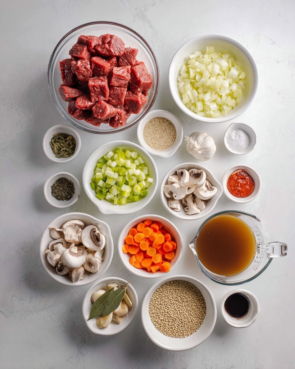 The image shows a top view of various cooking ingredients arranged neatly on a white marbled surface. There are twelve bowls and a clear measuring cup, each with different contents. In the center is a glass bowl with red raw beef chunks. Surrounding it are white bowls with light yellow diced onions, chopped green celery, sliced white and brown mushrooms, and bright orange carrot slices. Small white bowls hold dried herbs, dark soy sauce, salt, pepper, bay leaves, olive oil, a small pile of barley grains, garlic cloves, and a dollop of red tomato paste. The clear measuring cup contains a brown liquid broth. All items are evenly spaced with a clean and organized look. Photo taken with an iphone --ar 4:5 --v 7