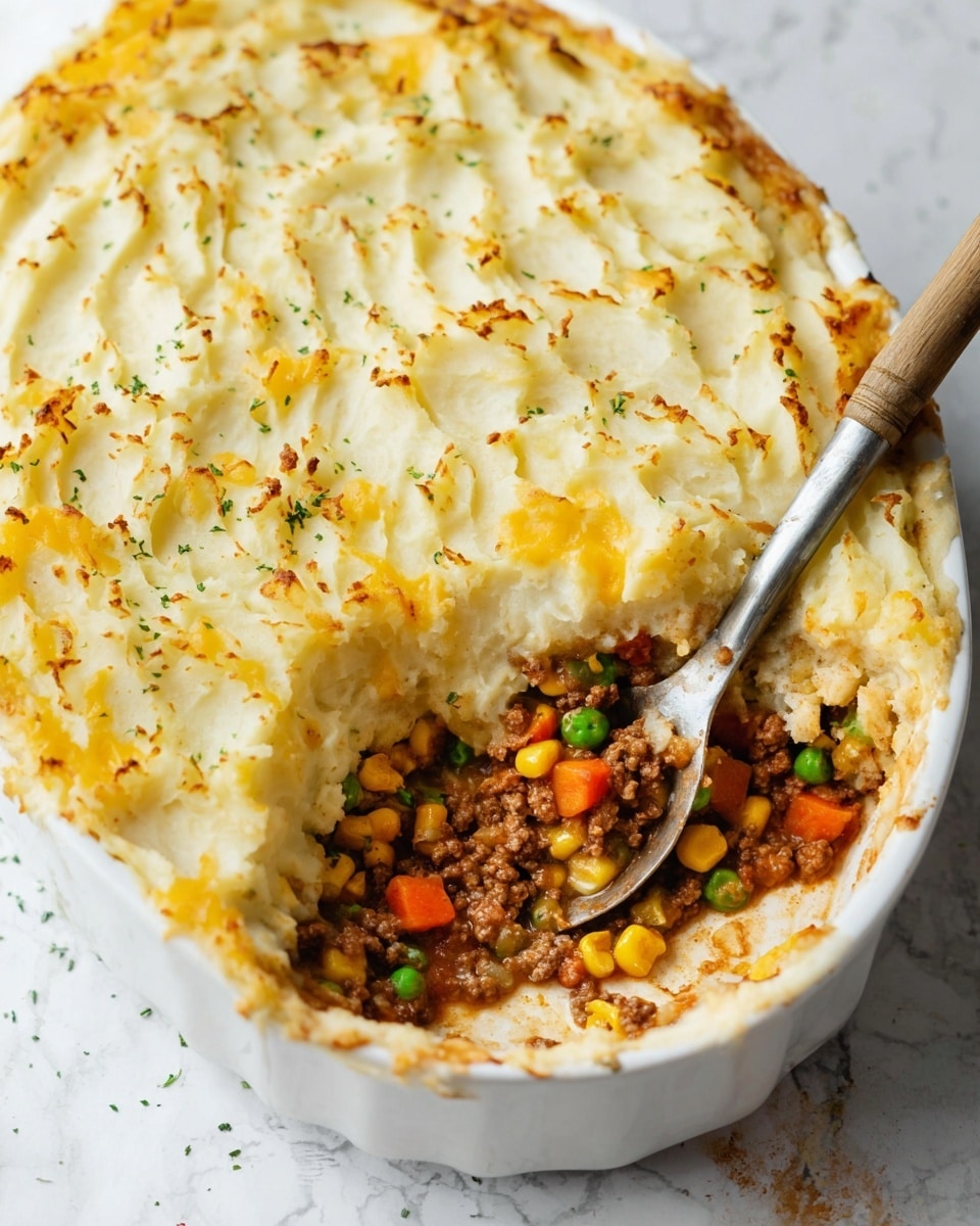The image shows a white oval dish filled with a shepherd's pie. The top layer is creamy mashed potatoes with light golden brown spots and a textured pattern from a fork. Below this is a middle layer of melted yellow cheese. The third layer is a mix of cooked ground meat with small chunks of orange carrots, green peas, and yellow corn, all visible where a scoop has been taken out on the right side. A metal spatula with a wooden handle is inserted into the dish. The dish is set on a white marbled surface with tiny green herb sprinkles on the mashed potato top. photo taken with an iphone --ar 4:5 --v 7