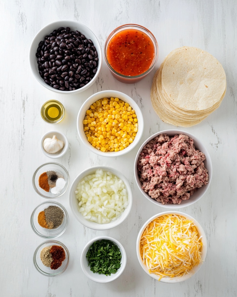 The image shows a flat white marbled surface with several white bowls and a glass cup arranged neatly. At the top left is a white bowl filled with black beans, next to a clear glass cup filled with bright red salsa. Below these, there are smaller white bowls containing diced white onions, yellow corn kernels, and a medium-sized white bowl with raw ground meat showing patches of pink and brown. To the right is a stack of small white tortillas in a neat pile. In the lower right corner, a white bowl is filled with shredded yellow and white cheese. Small white bowls line the left side containing salt, black pepper, ground spices in brown and greenish hues, a small amount of olive oil, whole garlic cloves, paprika, and chopped green herbs, all placed on the white marbled surface. photo taken with an iphone --ar 4:5 --v 7
