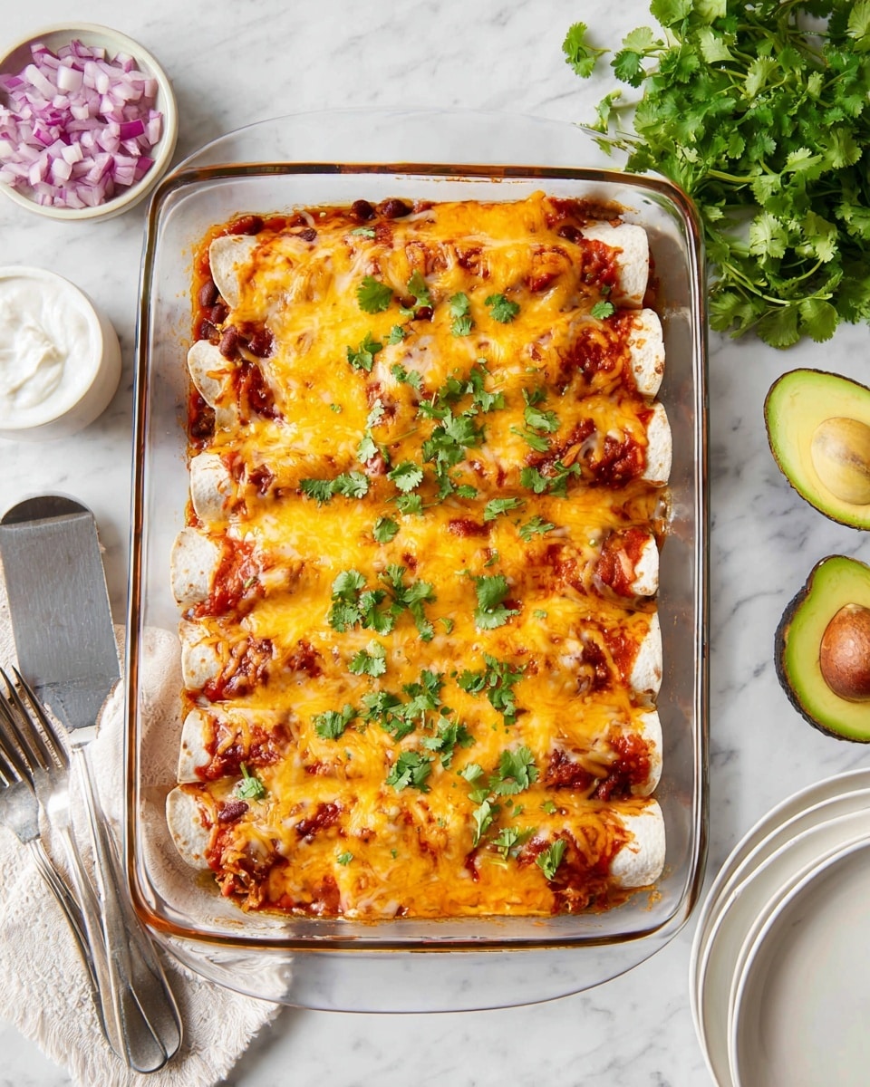 A white plate with two folded enchiladas covered in melted yellow and orange cheese and red sauce, showing a filling of black beans, corn, and a brown mixture peeking out at the bottom edge. On top of the enchiladas is a layered topping of white sour cream, three slices of light green avocado, and bright green cilantro leaves. Around the plate are small pieces of chopped purple onion scattered lightly. The plate is set on a white marbled surface with a bowl of chopped purple onions above and a glass baking dish filled with more cheesy enchiladas to the right. A halved avocado and a lime wedge are placed near the bottom right corner. Photo taken with an iphone --ar 4:5 --v 7