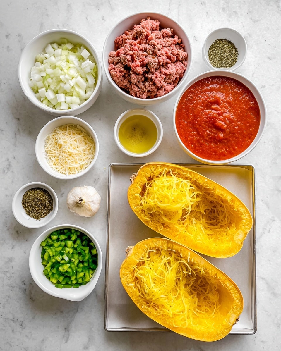 The image shows a white marbled surface with several small white bowls containing different ingredients arranged neatly around a baking tray. On the baking tray are two halves of a yellow spaghetti squash with the insides scraped into stringy pieces, creating a bright yellow textured layer inside the squash shells. Above the tray, there is a bowl with raw mixed ground meat of pink and brown colors, and next to it, a bowl filled with red tomato sauce with a slightly chunky texture. Surrounding these are smaller bowls with chopped onions (white, cubed), green bell peppers (green, diced), shredded cheese (white and soft), minced garlic cloves (cream colored), dried green herbs, coarse salt, black pepper, olive oil (golden yellow), and grated parmesan cheese (light yellow and fine). The ingredients are carefully placed with clear colors and textures on the white marbled background. photo taken with an iphone --ar 4:5 --v 7
