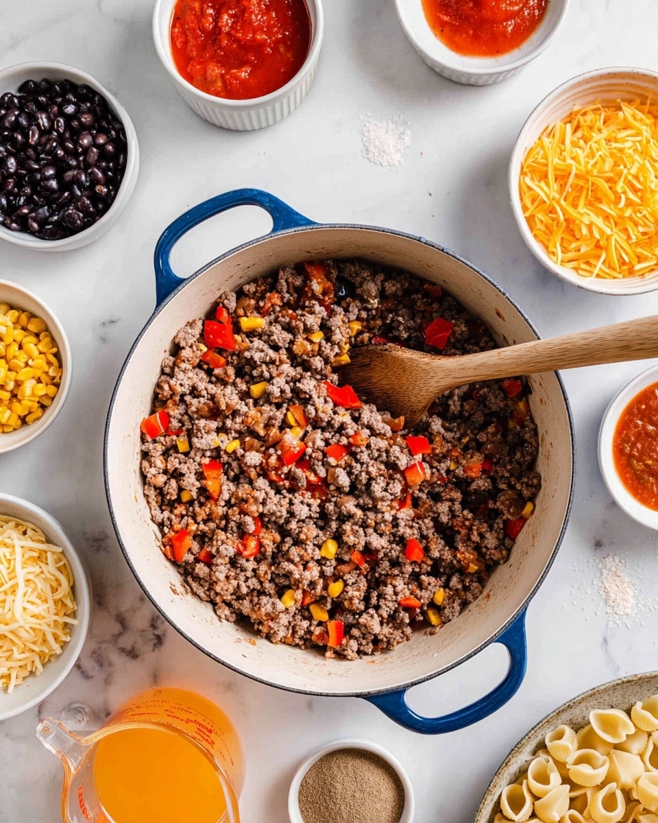 In the center of the image, there is a white pot with blue handles filled with cooked ground meat mixed with small pieces of red bell pepper and some finely chopped onions. A wooden spoon rests inside the pot on the right side, partially stirring the mixture. Surrounding the pot on a white marbled surface, there are several small white bowls and containers holding various ingredients: black beans to the top left, corn kernels below them, tomato sauce in the upper left, shredded orange cheese at the top right, salsa to the right of that, and seasoning powders on a small white plate near the bottom right. There is also a glass measuring cup with orange liquid at the bottom left and an open bowl of uncooked shell pasta on the bottom right. photo taken with an iphone --ar 4:5 --v 7
