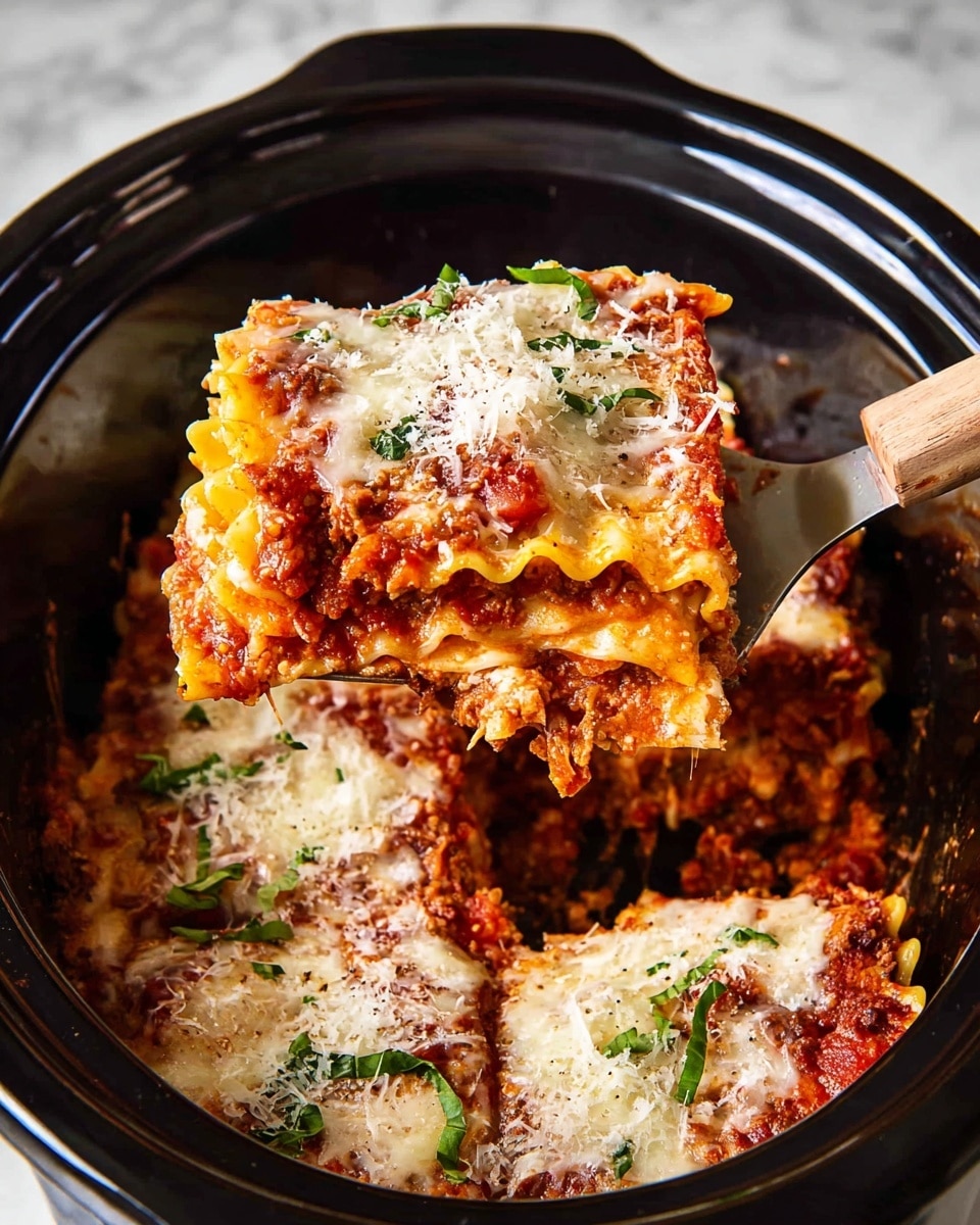 A serving of lasagna sits on a white speckled plate placed on a white marbled surface, showing about five visible layers of pasta sheets alternating with red tomato meat sauce mixed with bits of onion and fat strands, topped with a thick pale creamy layer of melted cheese sprinkled with grated white cheese and fresh green basil leaves. A woman's hand holds a fork with a bite of the lasagna lifted from the front right side, with a blurred second piece of lasagna on a similar white plate in the background. There is a parsley sprig seen on the left side of the main plate. Photo taken with an iphone --ar 4:5 --v 7