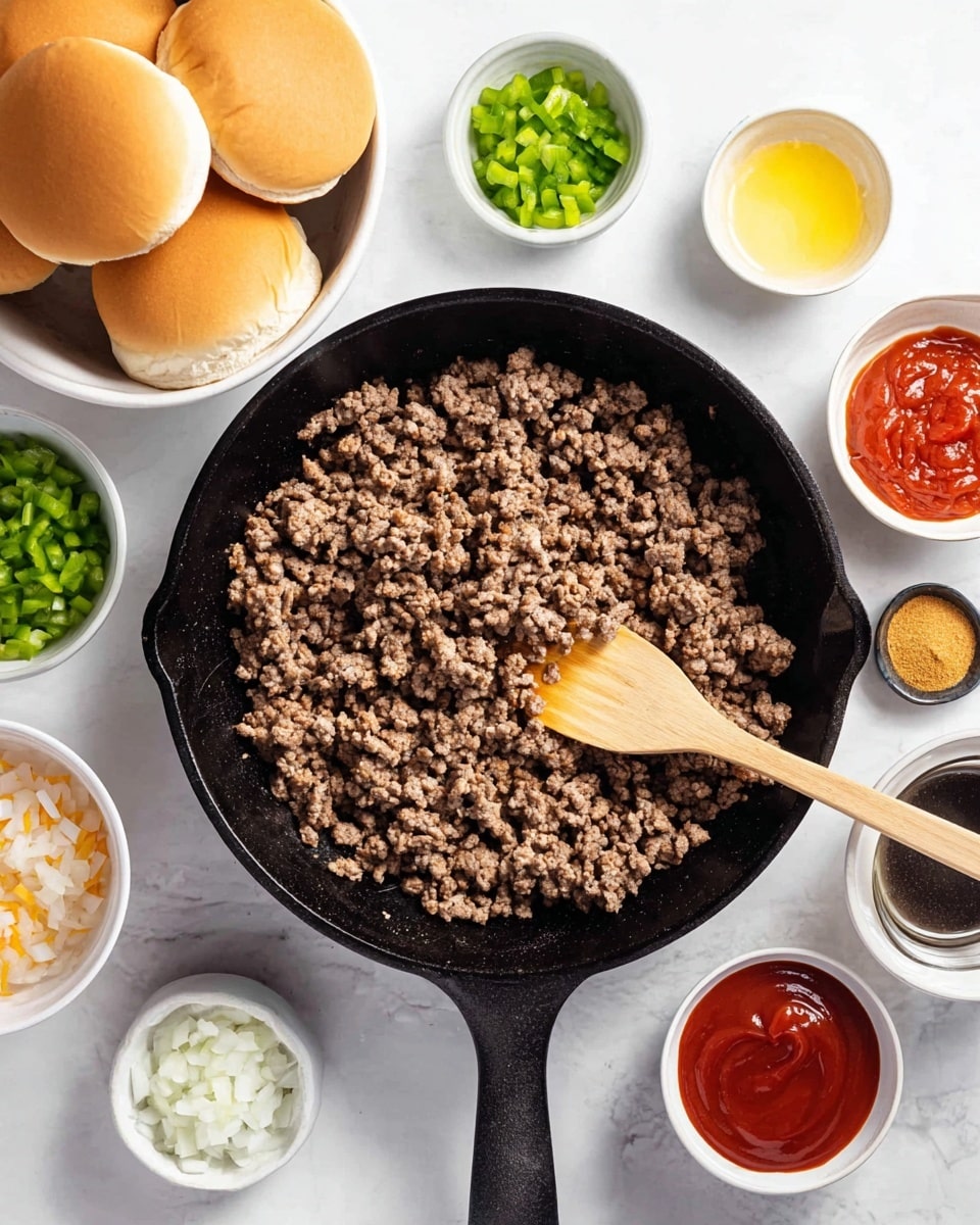 A black cast iron pan filled with cooked ground meat showing a brownish-gray texture is at the center on a white marbled surface. A wooden spoon with a rounded hole in the center rests inside the pan on the meat. Surrounding the pan are small white bowls each holding different ingredients: one with green chopped bell peppers, one with red ketchup, one with brown sugar, one with chopped white onions, one with yellow mustard, one with black pepper, one with soy sauce, and one with salt. At the top left, a white bowl holds three plain hamburger buns. Photo taken with an iphone --ar 4:5 --v 7