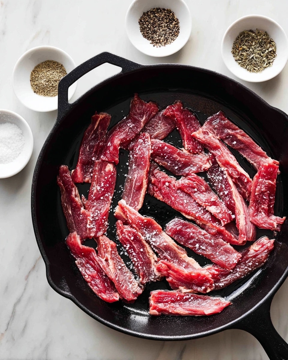 A black cast iron pan filled with raw thin strips of red meat spread out evenly inside, lightly sprinkled with coarse white salt and black pepper. The meat has a wet texture with some fat marbling visible, and the pan shows a light layer of oil beneath the meat. Around the pan, four small white bowls hold different spices, including black pepper, coarse salt, and dried herbs, all placed on a white marbled surface. Photo taken with an iphone --ar 4:5 --v 7