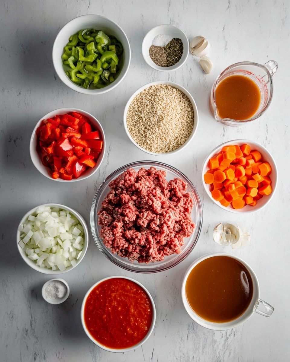 A top view of various ingredients neatly placed in small white bowls and clear glass bowls on a white marbled surface, including a large clear bowl filled with red and pink raw ground meat at the bottom center, a medium white bowl of cooked beige grains to its upper right, and a white bowl filled with bright orange carrot slices to the right; also visible are a white bowl of diced white onions at the bottom left, a white bowl with red bell pepper pieces above it, a clear bowl with red chopped tomatoes in juice on the left center, a white bowl containing green chopped green bell peppers above that, a white bowl of smooth red tomato sauce to the top right, a glass measuring cup filled with brown broth to the middle right, and three small white bowls at the top containing black pepper, dried herbs, and salt, as well as a small white bowl with three peeled garlic cloves near the center left photo taken with an iphone --ar 4:5 --v 7