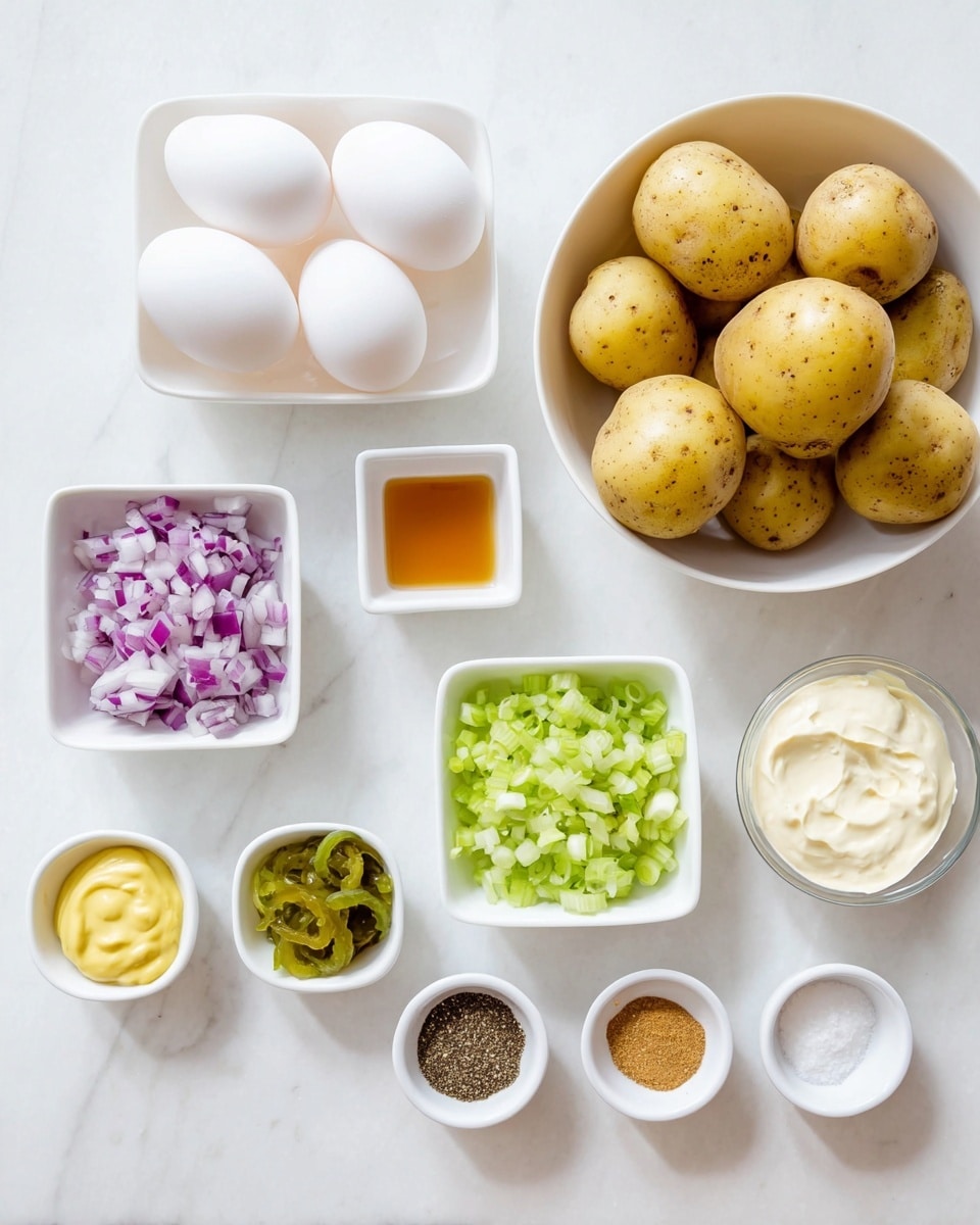 The image shows a top view of ingredients neatly arranged on a white marbled surface. There is a large white bowl on the right filled with about seven small yellow potatoes with speckled skin. Next to it on the left, a smaller white bowl holds three whole white boiled eggs. Below them are two small square white dishes, one with finely chopped red onions showing purple and white colors, and the other with chopped green pickles in a wet texture. Above these, a small square white dish contains a clear amber liquid. A white bowl in the center holds finely chopped pale green celery. Surrounding these are four small white round dishes: one with a yellow mustard paste, one with white salt, one with black pepper, and one with brown ground seasoning. Above the celery, a medium white bowl is filled with creamy off-white mayonnaise. The clean white marbled background enhances the colors and textures of the ingredients photo taken with an iphone --ar 4:5 --v 7