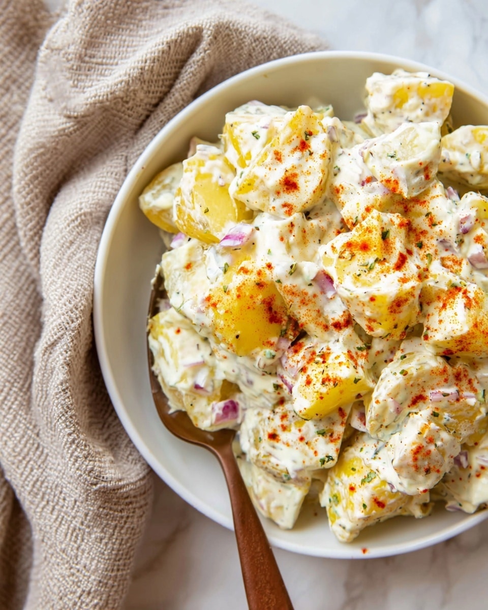 The image shows a close-up of a white bowl filled with creamy potato salad, where chunky yellow potato pieces are mixed with a thick, white dressing speckled with black pepper and small pieces of red onion. The salad is sprinkled with reddish-orange paprika on top for color. A metal spoon with a wooden handle is scooping up a portion of the salad from the bowl. The bowl is placed on a white marbled surface, and a beige textured cloth is casually folding next to it. Photo taken with an iphone --ar 4:5 --v 7