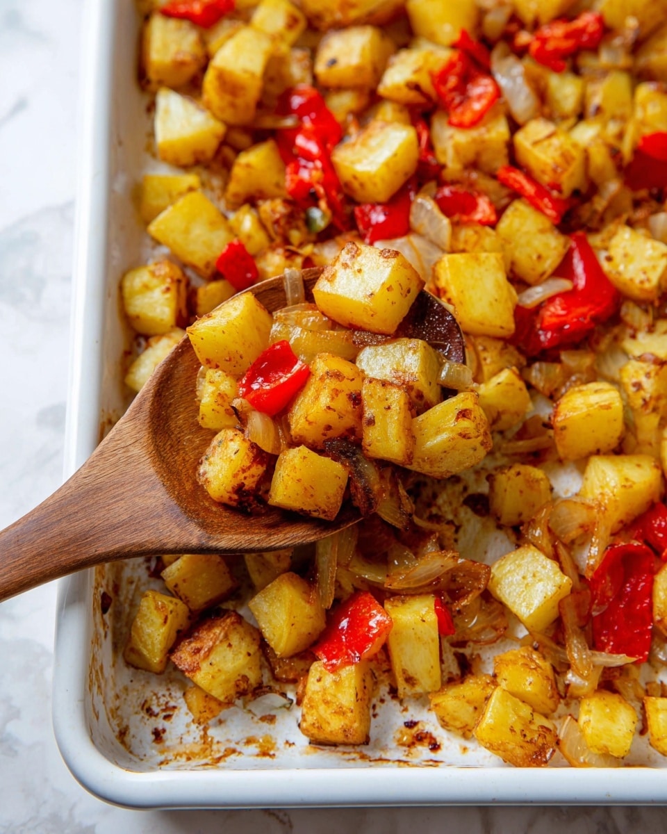 The image shows a close-up of a white baking tray filled with small cubes of roasted yellow potatoes, mixed with pieces of red bell pepper and translucent onion. The potatoes have a golden brown color with some crispy edges, while the red bell pepper pieces are bright and slightly cooked. The onion pieces are soft and light beige. A wooden spoon is lifting a portion of this mix, showcasing the different colors and textures of the warm, roasted vegetables. The tray sits on a white marbled surface. Photo taken with an iphone --ar 4:5 --v 7