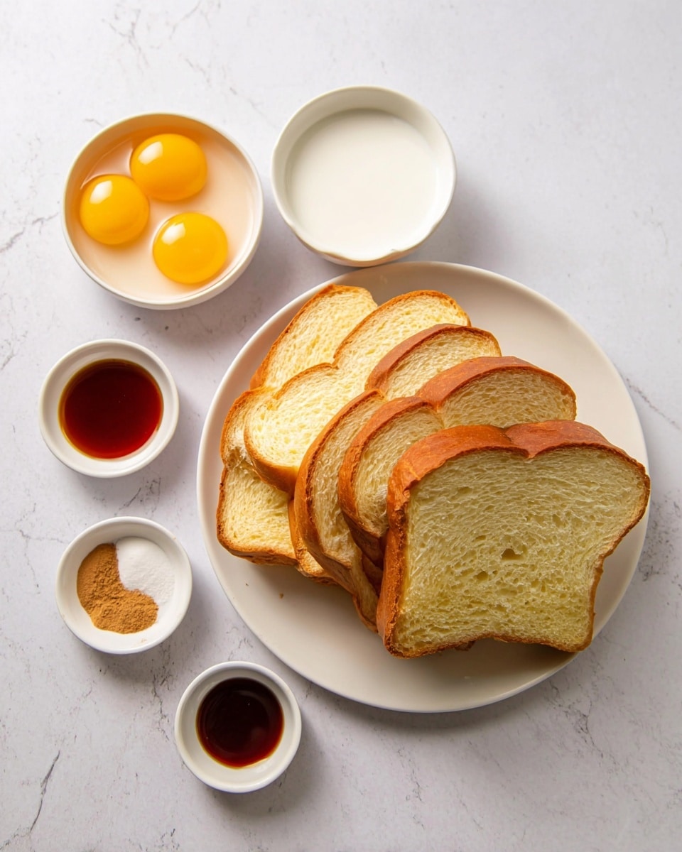 The image shows a white round plate on a white marbled surface, with seven slices of golden yellow bread stacked side by side, showing soft and fluffy texture inside with a slightly browned crust. To the left, there are five small white bowls arranged in a loose cluster: the largest bowl at the top holds three raw eggs with bright yellow yolks, a medium bowl below it contains white milk, two small bowls include dark brown vanilla extract or syrup, and the last small bowl has a small pile of light brown cinnamon powder. The colors are soft and natural with a clean and simple look. Photo taken with an iphone --ar 4:5 --v 7