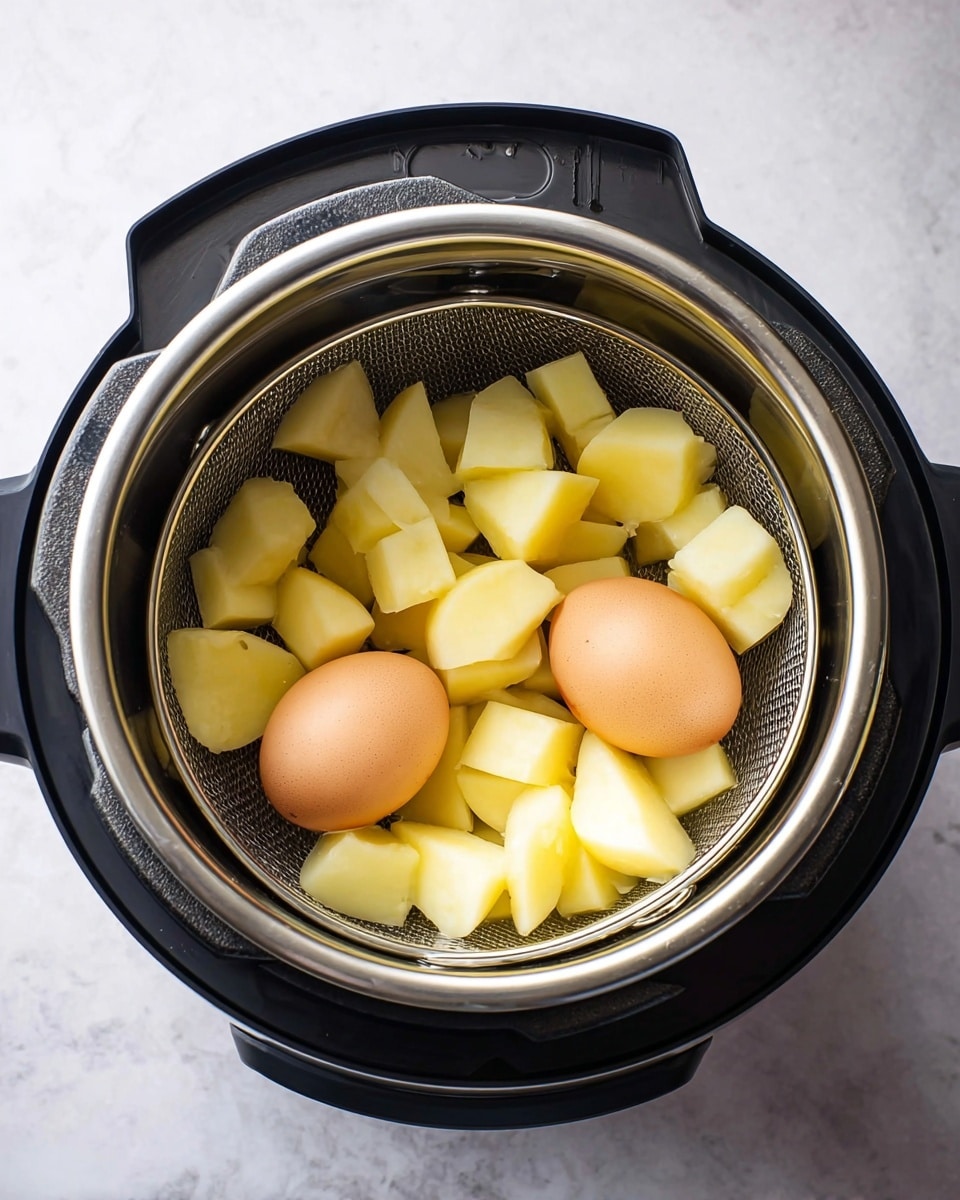 Inside a black electric pressure cooker with a shiny silver inner pot, there is a metal steamer basket holding a mix of peeled potato chunks and three whole brown eggs. The potatoes are yellowish and cut into roughly medium-sized pieces. The eggs are smooth, oval, and placed among the potatoes, giving the image a simple, fresh cooking look. The cooker sits on a white marbled surface. photo taken with an iphone --ar 4:5 --v 7