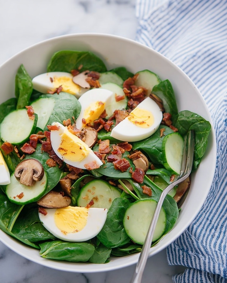 A clear glass bowl holds a fresh salad consisting of three layers: the bottom layer is bright green spinach leaves with a smooth texture, the middle layer has light green cucumber slices with dark green edges arranged evenly, and the top layer features small brown mushrooms, some whole and some sliced to show their white interior and gill details. The bowl is set on a white marbled surface. photo taken with an iphone --ar 4:5 --v 7