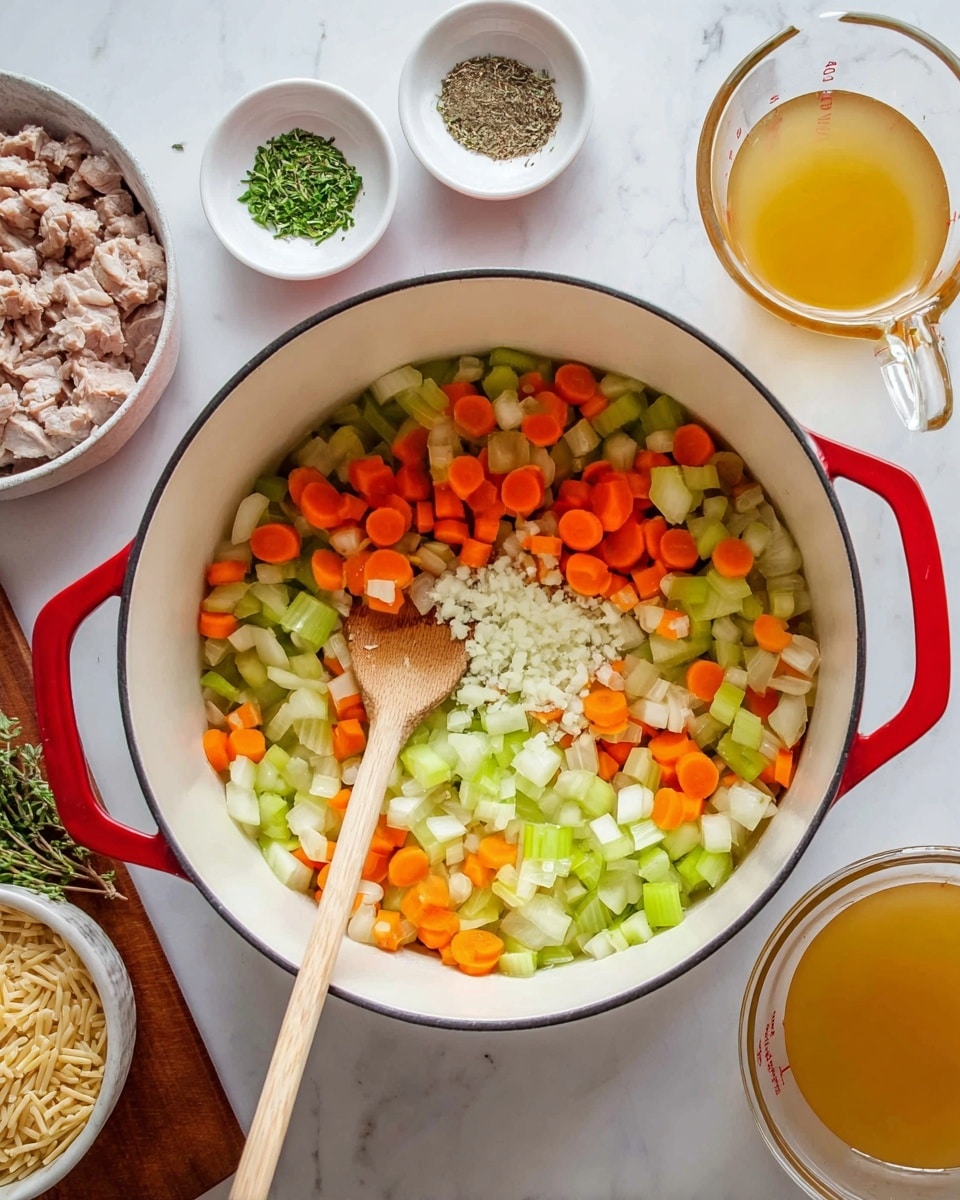 A white pot with red handles sits on a white marbled surface, filled with three layers of chopped vegetables: orange carrot rounds, light green celery pieces, and pale white onion chunks, topped with a small heap of finely minced garlic in the center. A wooden spoon with a hole in the middle rests inside the pot, mixing the vegetables. Around the pot, small white bowls hold different ingredients: chopped herbs, salt, pepper, bay leaves, and a bowl with uncooked orzo pasta. There is also a glass bowl with chopped cooked meat on the left and a glass measuring cup filled with golden broth on the right. photo taken with an iphone --ar 4:5 --v 7