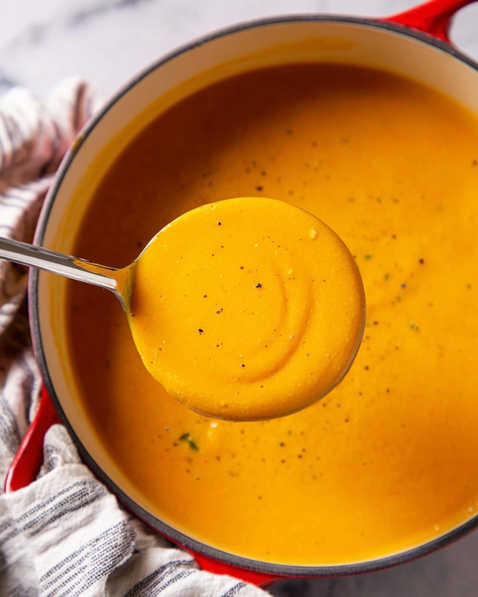A close-up of a thick, bright orange soup served in a white soup bowl with two handles. The soup is smooth and creamy, topped with a white cream swirl in a circular pattern, three small green herb leaves, and a sprinkle of black pepper. The bowl sits on a white plate, with a piece of golden brown bread roll placed beside it on a white marbled surface. In the background, two more white bowls filled with the same soup can be seen, along with other pieces of bread. The scene has soft, natural lighting that highlights the textures and colors. Photo taken with an iphone --ar 4:5 --v 7