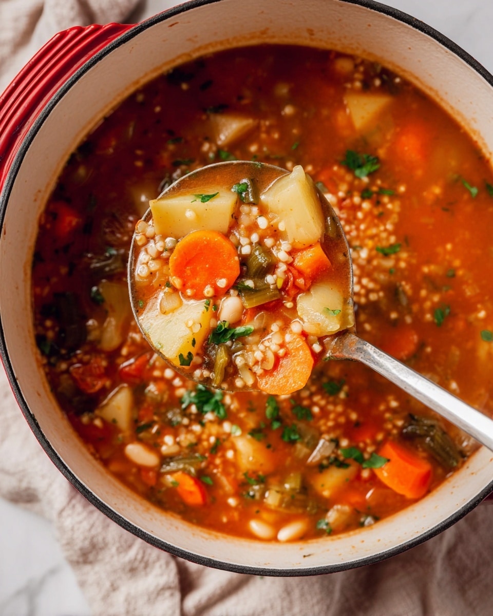 The image shows a pot filled with a thick vegetable soup with many layers of ingredients mixed together. The soup has a red-orange broth base with a slightly thick texture. Floating in the soup are bright orange carrot slices, pale yellow chunks of potato, green pieces of celery and beans, small white grains like barley or pearl couscous, and tiny green parsley leaves scattered on top. A metal spoon is scooping some of the soup showing all the layers clearly. The pot is white inside with a red outside edge, placed on a soft beige cloth over a white marbled surface. photo taken with an iphone --ar 4:5 --v 7