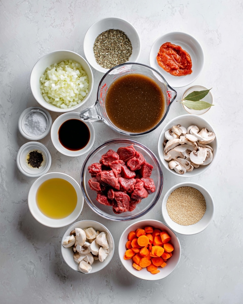 The image shows many small white bowls and a clear glass bowl placed on a white marbled surface. In the clear glass bowl at the center, there are raw red meat chunks. Around it, going clockwise from top left, there is a bowl of chopped white onions, dried herbs in a bowl, a dark liquid soy sauce in a bowl, white salt in a bowl, black pepper in a bowl, sliced white mushrooms in a bowl, a large clear measuring cup filled with brown broth, a small bowl with red tomato paste, a bowl filled with light brown grains, a small bowl with yellow oil, a bowl of chopped bright orange carrots, and a small bowl with garlic cloves. A tiny bowl with two bay leaves is near the top center. All bowls are neatly arranged in a loose circle around the center bowl with the meat. photo taken with an iphone --ar 4:5 --v 7