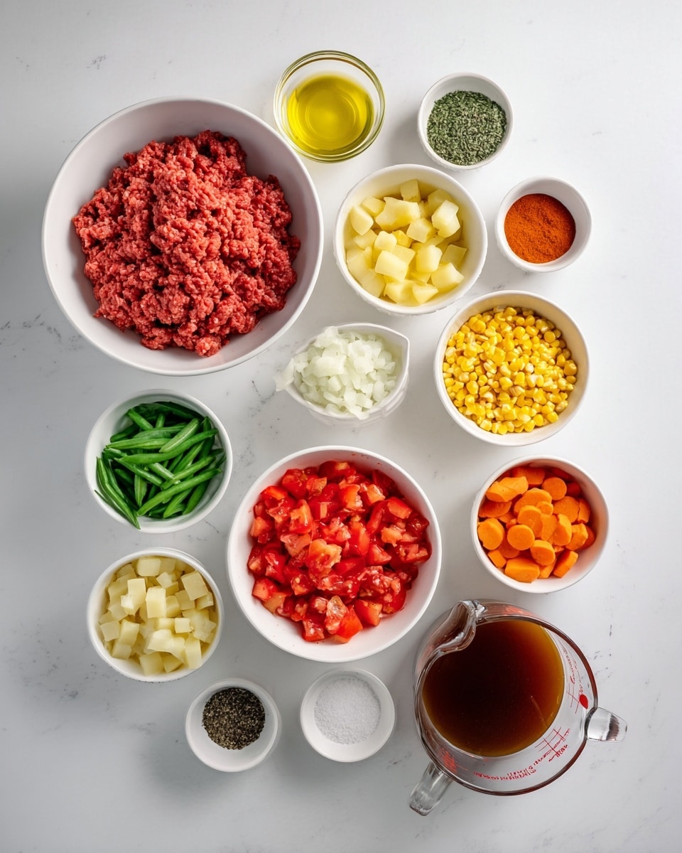 A top-down view shows eleven white bowls and one clear glass measuring cup arranged on a white marbled surface. The largest white bowl holds bright red raw ground meat with a textured, soft surface. To the right of it, a white bowl contains yellow corn kernels. Below that, a bowl is filled with vibrant orange sliced carrots. Another bowl near the bottom center has chunky red diced tomatoes in juice. To the left, a white bowl holds chopped white onions. Above it, another bowl contains green cut green beans. A bowl near the center-left has yellow chopped potatoes. At the top left, a bowl contains light yellow oil, and next to it is a bowl with fine white salt. A small white bowl on the bottom left holds red paprika powder, and beside it, there is a bowl with black ground pepper. Above those is a bowl filled with dried green herbs. A small bowl above that contains three peeled garlic cloves. The clear glass measuring cup at the top right holds a dark brown liquid broth, with smooth reflections. The scene is bright and evenly lit, showing clear textures and colors. Photo taken with an iphone --ar 4:5 --v 7