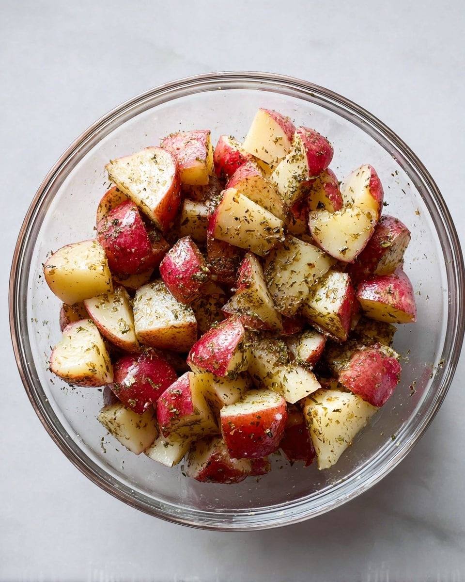 A clear glass bowl filled with two layers of chopped red-skinned potatoes, each piece showing the shiny red skin and pale yellow flesh, sprinkled evenly with dried herbs and black pepper for a textured look. The potatoes have a light oily shine giving them a fresh, ready-to-cook appearance. The bowl is placed on a white marbled textured surface that highlights the vivid potato colors. Photo taken with an iphone --ar 4:5 --v 7