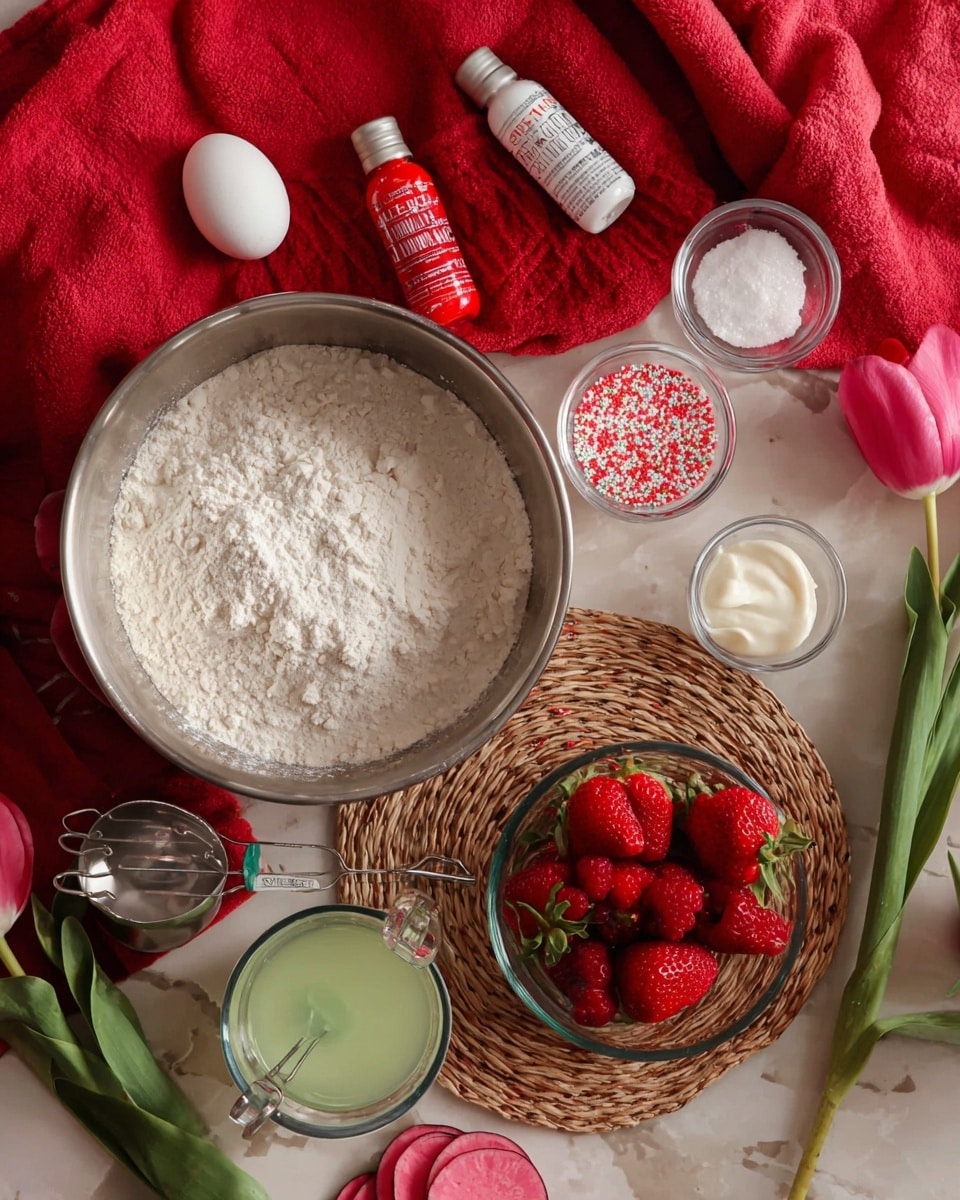 A metal bowl filled halfway with white flour sits on a white marbled surface covered by a red cloth. Next to it are two small bottles of red food coloring, a white egg, and two small glass bowls—one with white powder and the other with red and white sprinkles. Nearby is a small glass bowl filled with red raspberries. On a round woven placemat are a clear measuring cup filled with white cream, a silver measuring cup with a light green liquid, and three fresh bright red strawberries with green leaves. Part of a bright pink tulip flower and several slices of a dark pink vegetable are partially visible near the top and bottom edges. photo taken with an iphone --ar 4:5 --v 7
