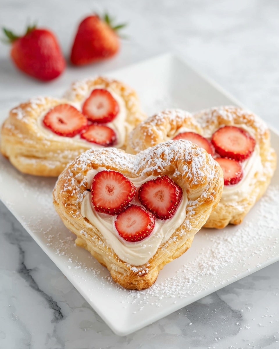 The image shows several heart-shaped pastries arranged on a white plate on a white marbled surface. Each pastry has a golden-brown crust dusted lightly with powdered sugar, creating a soft white border around the edges. Inside the center of each heart is a creamy, pale yellow filling topped with sliced red strawberries that add bright color and texture. Around the plate, there are fresh whole and halved strawberries, and a small bowl of light brown sugar is visible in the corner. A light beige linen cloth is partially visible beside the plate. Photo taken with an iphone --ar 4:5 --v 7