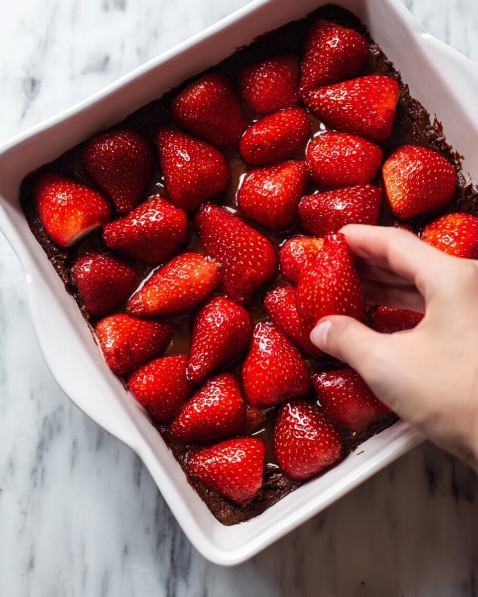 The image shows a white square dish with a layer of rich, dark brown chocolate cake at the bottom. On top of the cake, there are many bright red strawberries, each cut in half, arranged neatly in a circular pattern covering the whole surface. A woman's hand is placing one strawberry gently on the cake, showing a close-up view. The background is a white marbled surface. photo taken with an iphone --ar 4:5 --v 7