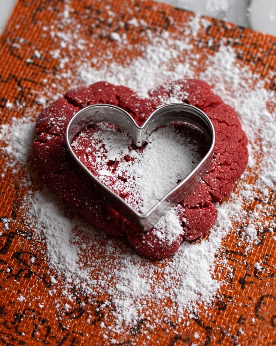 A soft red cookie is shaped into a heart using a shiny metal heart-shaped cutter placed on top, covering most of the cookie's surface. The cookie is dusted with white powdered sugar scattered unevenly both on the cookie and around it. The cookie rests on an orange silicone mat with dark black text, all set against a white marbled background. photo taken with an iphone --ar 4:5 --v 7