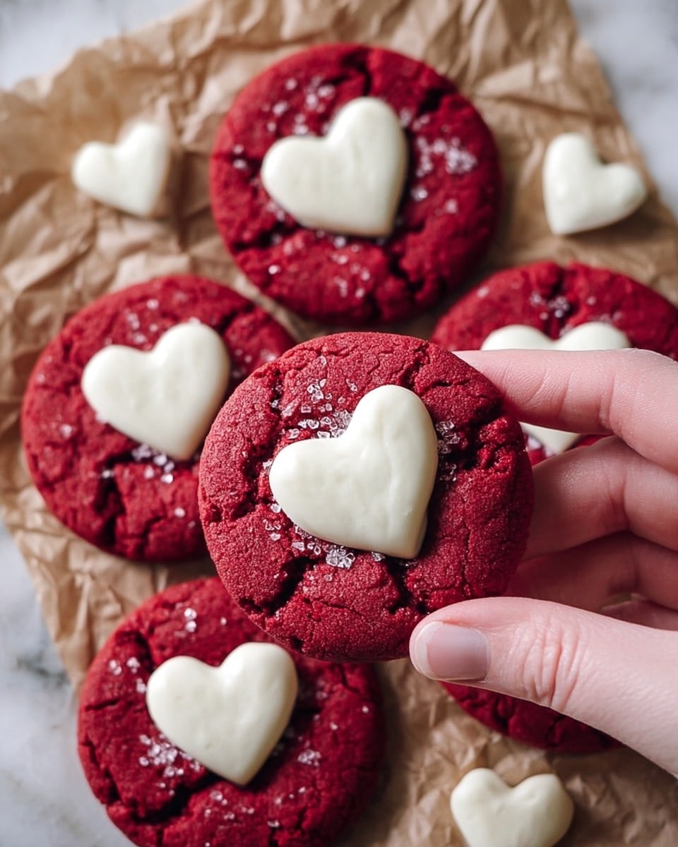 The image shows several round red cookies with a cracked texture, each topped with a smooth white heart-shaped piece in the center. The cookies are arranged on crumpled parchment paper over a white marbled surface. A woman's hand is holding one cookie close to the camera, highlighting the deep red color and sugar crystals sprinkled on top of the cookies. Additional white heart shapes are scattered around the cookies. photo taken with an iphone --ar 4:5 --v 7