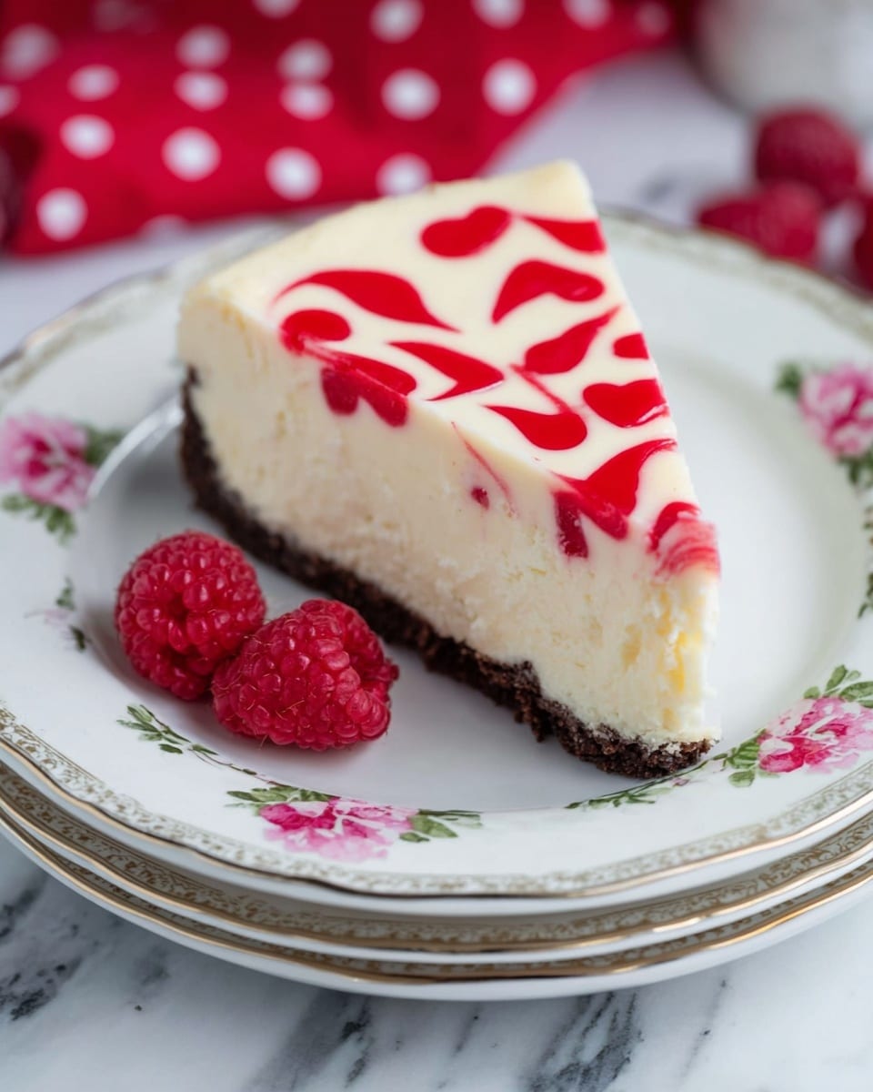 A single slice of cheesecake with three visible layers sits on a set of stacked white plates with floral designs. The top layer is creamy white with red swirls in heart shapes spread across the surface. Below is a thick white creamy middle layer, smooth and dense. The bottom layer is a dark, crumbly crust. Two fresh raspberries sit to the left of the slice on the plate. The background is a white marbled texture with a red cloth with white polka dots partially visible in the background. Photo taken with an iphone --ar 4:5 --v 7