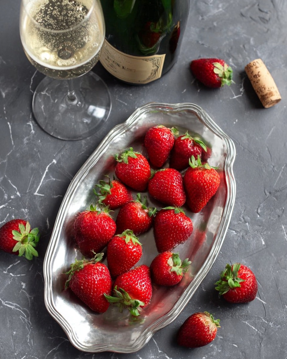 The image shows a shiny silver oval dish filled with about a dozen bright red strawberries with green tops, arranged loosely inside. Around the dish, on a dark gray surface, are three more strawberries, a cork lying on its side, and a glass filled with a clear bubbly liquid next to a dark green bottle with a beige label. The surface is changed to a white marbled texture. photo taken with an iphone --ar 4:5 --v 7