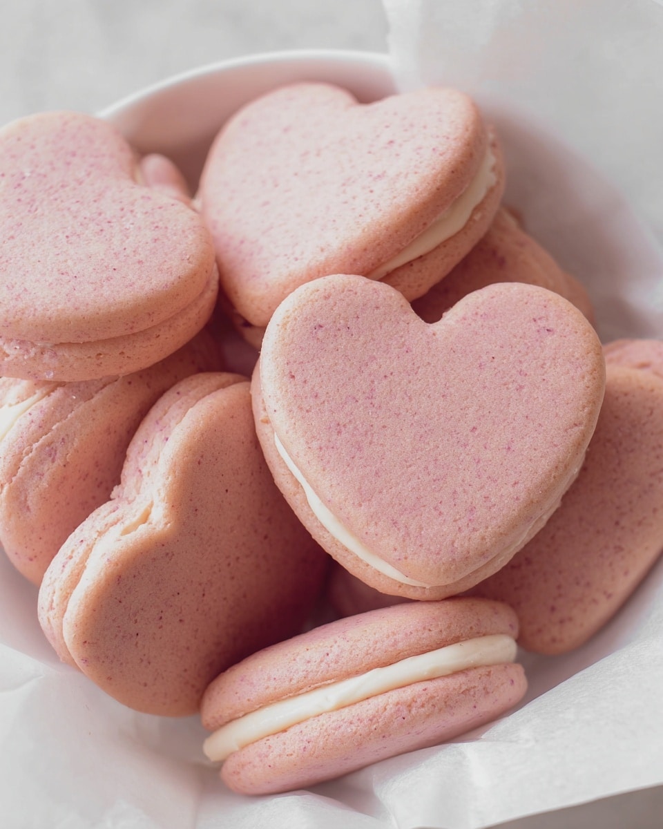 The image shows a close-up of several heart-shaped sandwich cookies stacked together inside a box lined with light brown paper. Each cookie has two soft, light pink layers with a creamy white filling in between. Some small heart-shaped cookie pieces are placed outside the box on a white marbled surface. The texture of the cookie layers looks soft and slightly crumbly, with the cream filling smooth and thick. photo taken with an iphone --ar 4:5 --v 7