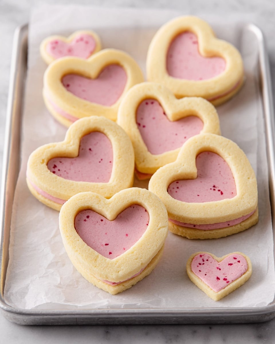A tray holds six heart-shaped sandwich cookies arranged on a white marbled surface, each cookie made of two layers. The top layer is a light golden cookie with a smaller heart cut out in the middle, showing a creamy pink filling beneath. The bottom layer is the same golden cookie without a cutout. The pink filling is smooth and thick, sandwiched evenly between the cookie layers. In the foreground, a woman's hand holds one cookie bottom while another woman's hand spreads the pink filling on it using a silver butter knife, ready to place the top cookie layer on. photo taken with an iphone --ar 4:5 --v 7