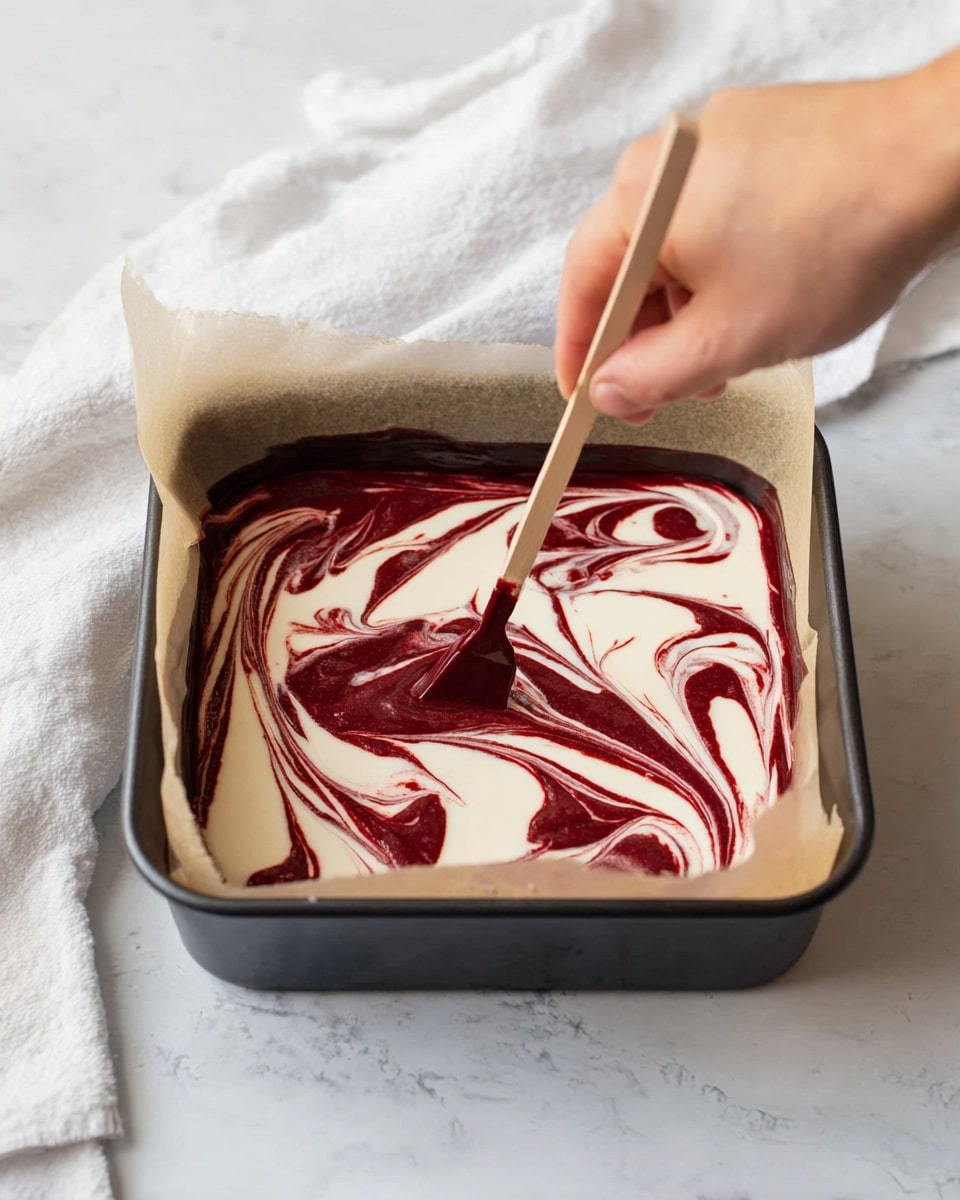 A woman's hand is holding a thin wooden stick, swirling dark reddish-brown sauce into an off-white creamy batter in a square black baking pan lined with parchment paper. The top layer shows a mix of smooth white batter and thick swirls of rich red sauce creating a marbled pattern. The pan is set on a white marbled surface with a white cloth blurred in the background. photo taken with an iphone --ar 4:5 --v 7