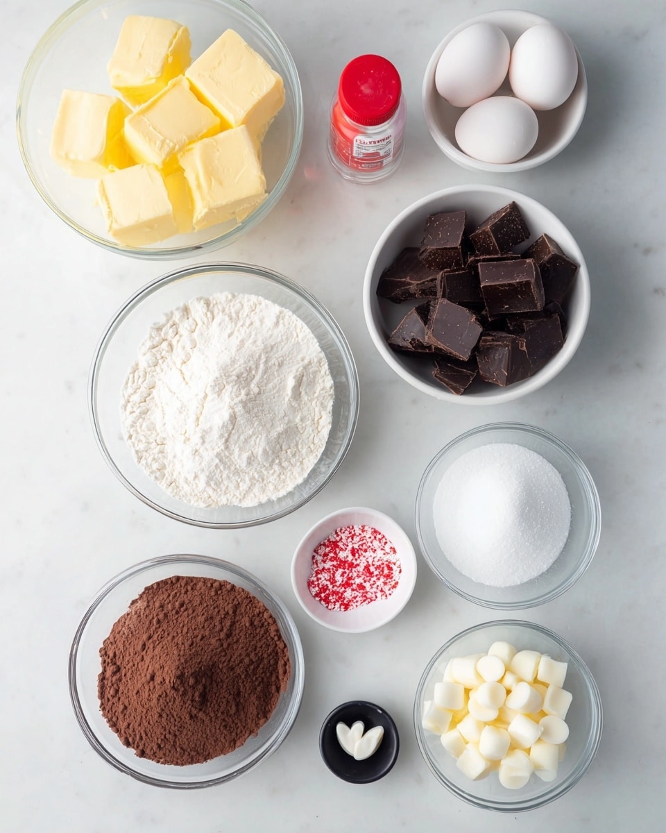 The image shows a flat lay of various baking ingredients arranged neatly on a white marbled surface. There is a clear glass bowl filled with several chunks of yellow butter near the top left. Above and toward the center is a small red bottle of food coloring. To the right of the butter, a white bowl holds dark chocolate chunks. Below the butter is a glass bowl full of white flour, and next to it on the right is another glass bowl containing white granulated sugar. At the bottom center is a glass bowl with brown cocoa powder. To the bottom right is a clear bowl with small white chocolate chips. Beside these bowls is a tiny white dish holding some red sugar sprinkles and near it is a black tiny dish with small white heart shapes. Two white eggs sit on a small white plate toward the upper right area. All items appear clean and well-arranged on the smooth, light surface. Photo taken with an iphone --ar 4:5 --v 7