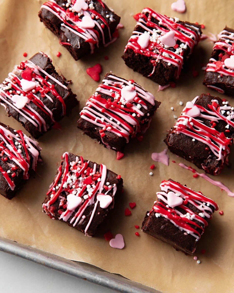 The image shows nine small, dark brown brownie squares arranged closely on light brown parchment paper over a metal tray. Each brownie is topped with colorful drizzles of red, pink, and light pink icing that forms thin, uneven stripes across their tops. Scattered on top and around the brownies are small sprinkles in white, pink, and red colors, including heart-shaped and cylindrical shapes. The surface underneath has a subtle crumpled texture from the parchment paper. Photo taken with an iphone --ar 4:5 --v 7