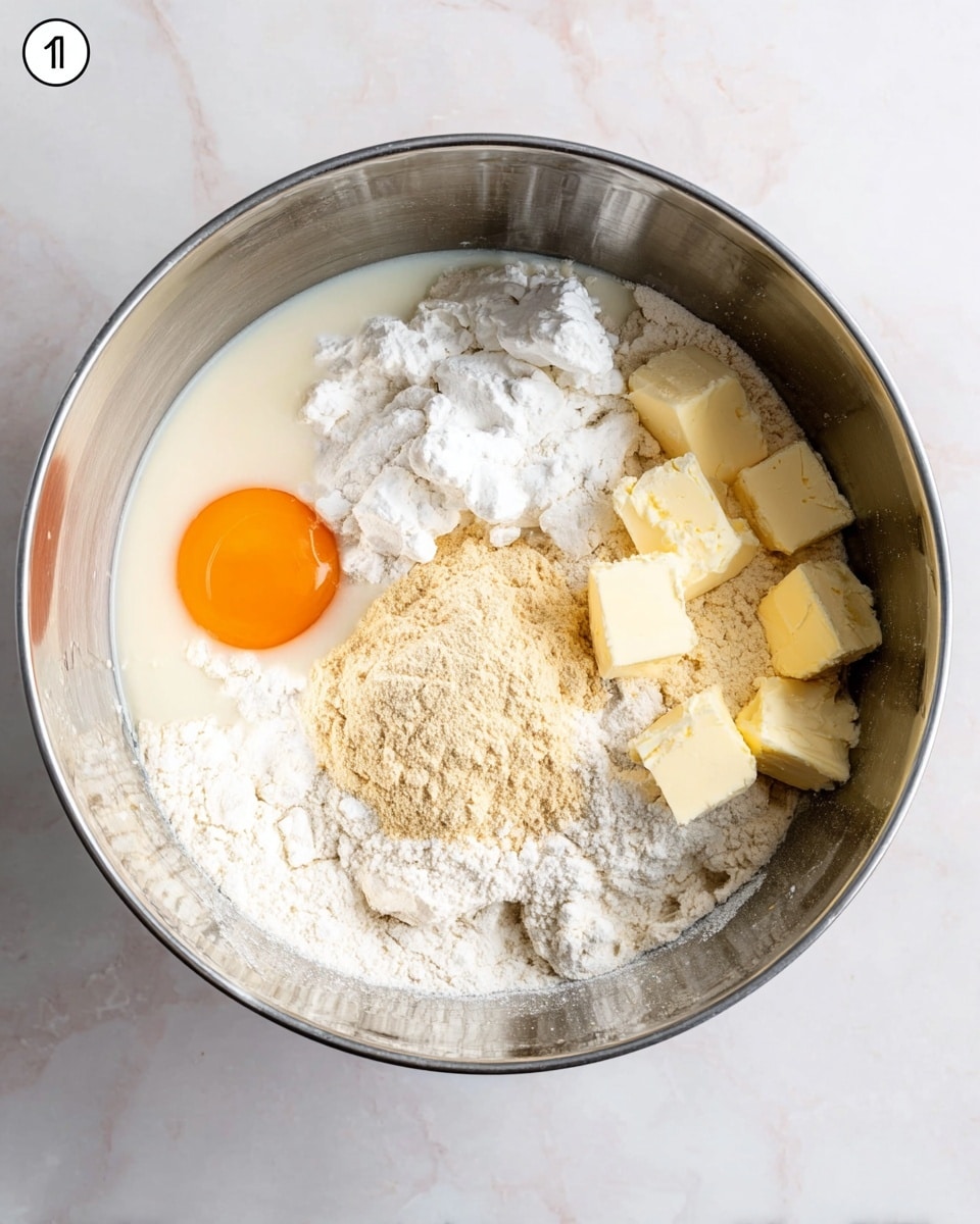 A silver mixing bowl sits on a white marbled surface, filled with several layers of ingredients. On the left is a whole cracked egg with a bright orange yolk and clear white, surrounded by clumps of white flour. Towards the center, there is a mound of light brown yeast powder on top of more flour. To the right, several small pieces of pale yellow butter rest on the flour. A creamy white liquid, likely milk, fills in the spaces around the ingredients. The image is taken from above showing the clear separation of each layer photo taken with an iphone --ar 4:5 --v 7