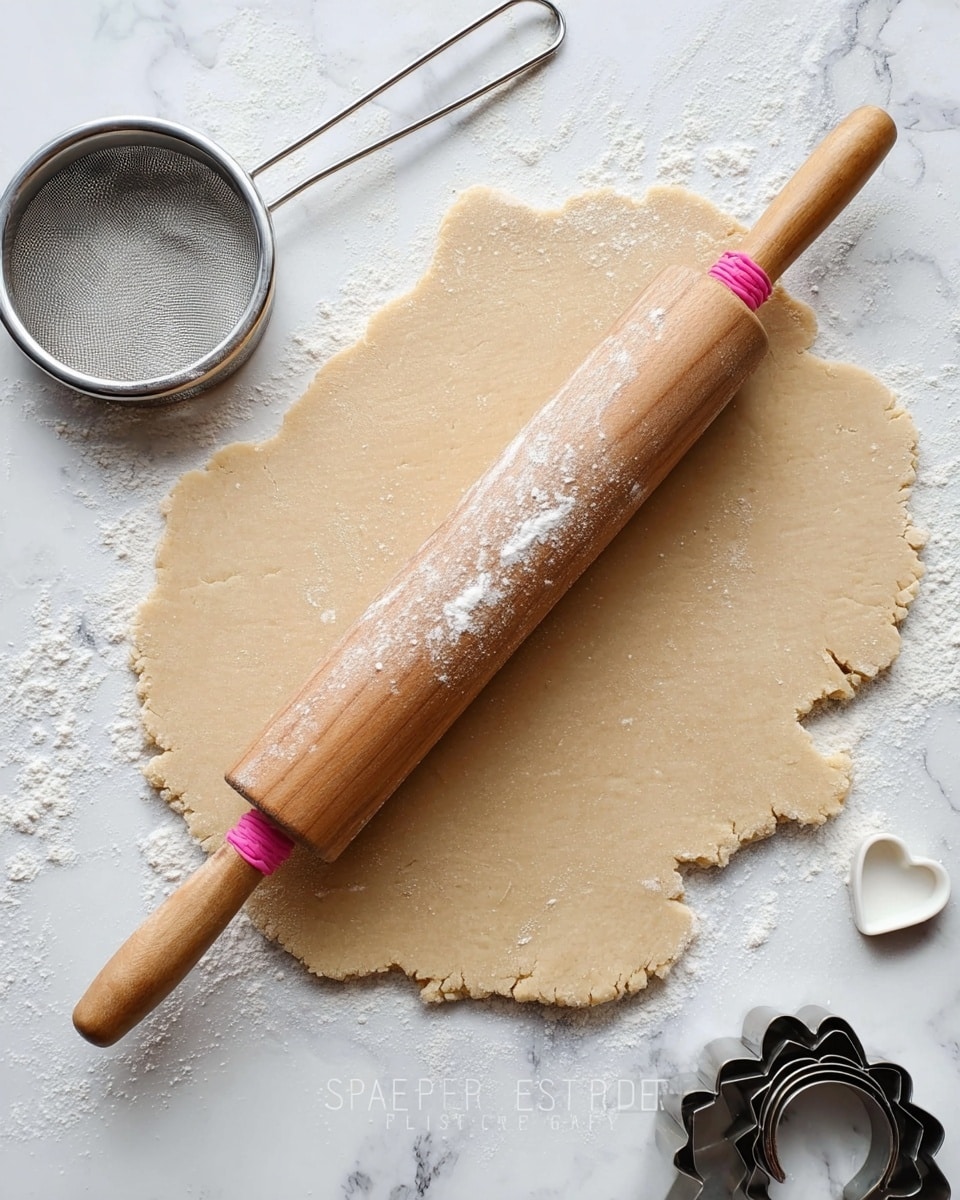 A flat, uneven layer of light beige dough lies stretched on a white marbled surface. A wooden rolling pin dusted with white flour rests diagonally across the dough, with pink rings on its ends. To the left, there is a round metal tea infuser sprinkled with flour, and to the right, a set of round metal cookie cutters stacked together, along with a small white heart-shaped cutter nearby. The scene shows a simple baking preparation without any other items visible. photo taken with an iphone --ar 4:5 --v 7