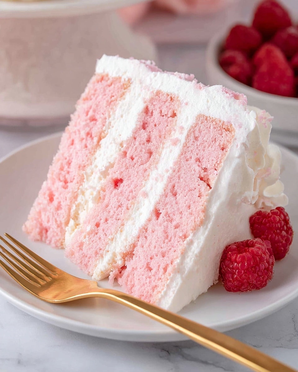 A tall, round cake with smooth white frosting that has soft horizontal ridges all around its sides, topped with a circle of neat white whipped cream swirls. Inside this ring of whipped cream, there are bright red raspberries lightly dusted with powdered sugar. The cake is placed on a plain white plate on a white marbled surface. The background is soft and out of focus with pink tones and a woman's hand is holding a pink glass on the right side. Photo taken with an iphone --ar 4:5 --v 7