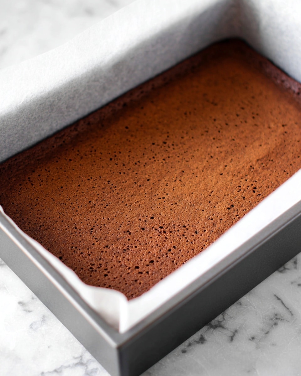 A close-up image of a single layer of chocolate cake batter baked in a rectangular pan lined with white parchment paper. The cake layer is a rich brown color with a slightly rough texture, showing small air holes spread across the surface. The rectangular pan is dark grey, with smooth edges, sitting on a white marbled surface. The cake layer fills the entire pan, with the edges slightly pulled away from the parchment paper. photo taken with an iphone --ar 4:5 --v 7